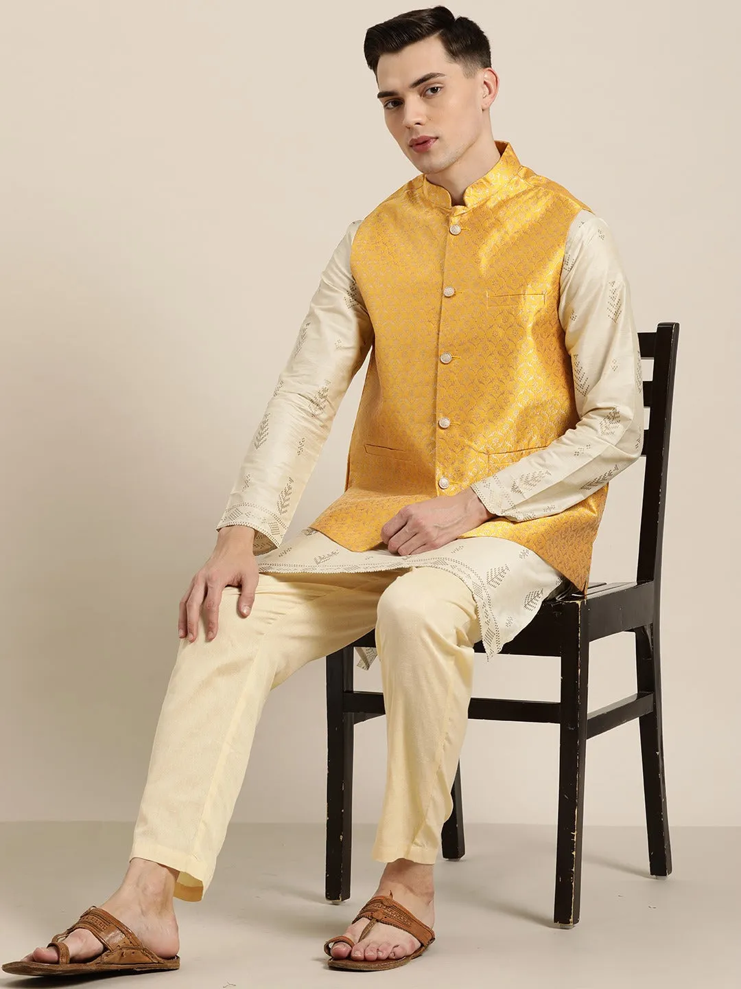 Men's Silk Blend Mustard & Gold Self Design Only Nehrujacket - Sojanya