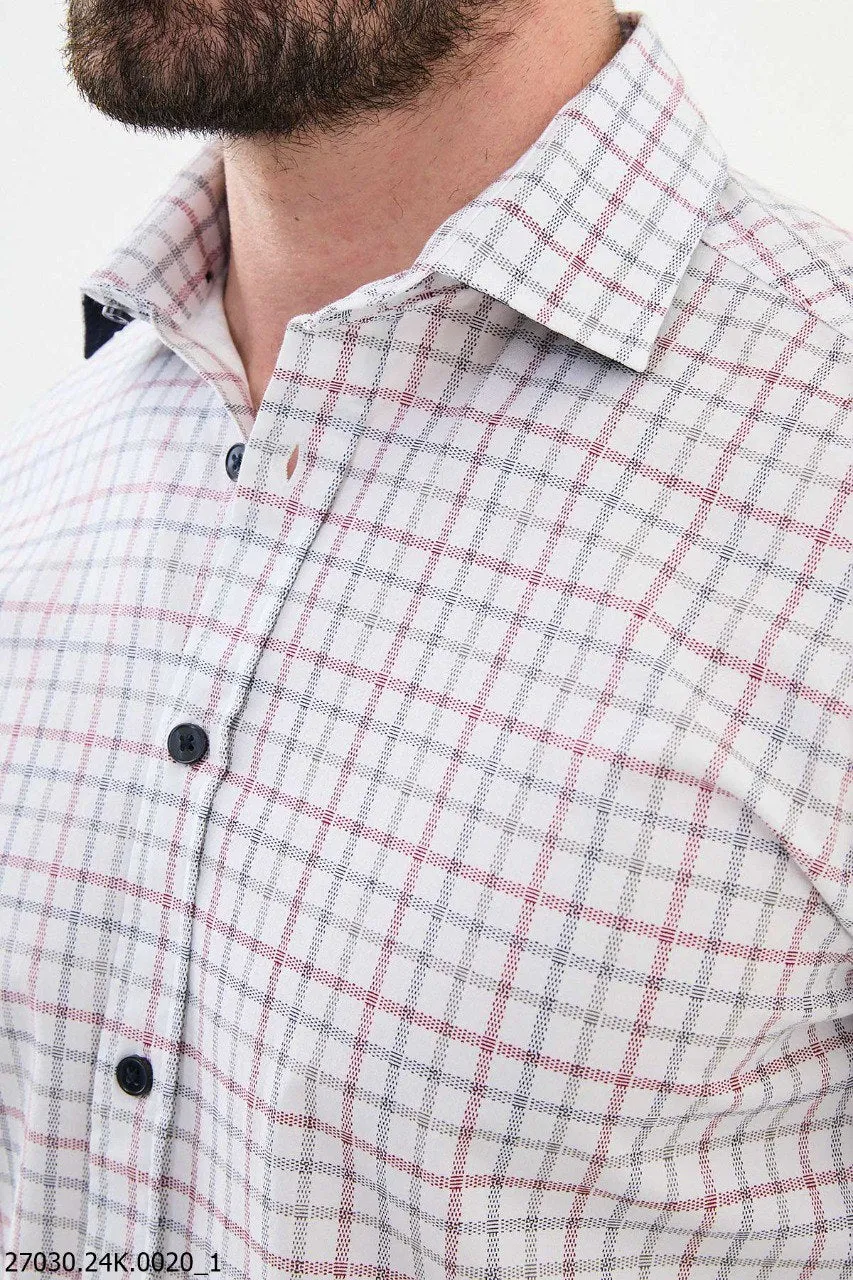 Men's White Checkered Shirt with Red and Navy Lines.