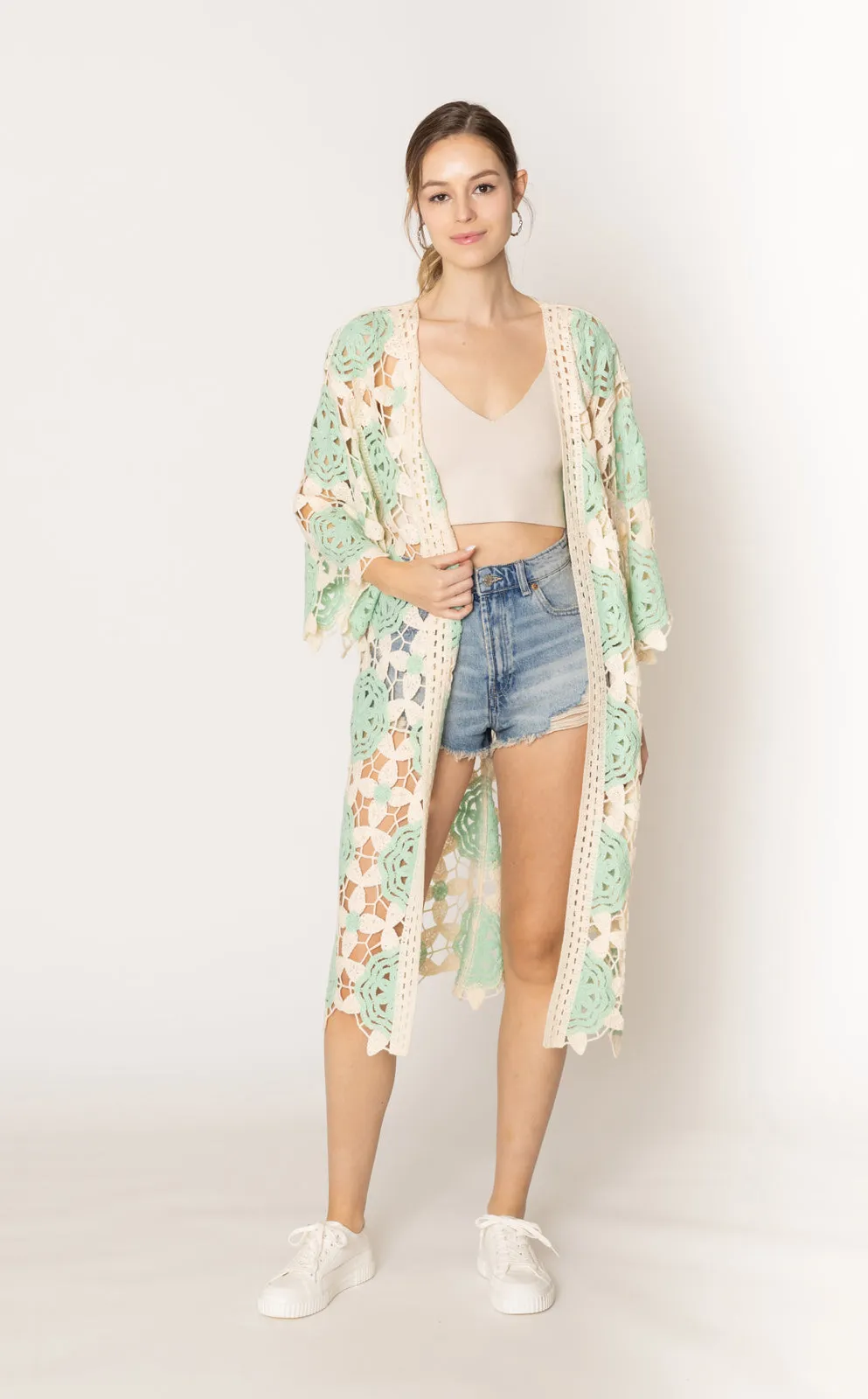 Mint Flower Crochet Cardigan