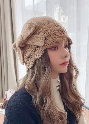 Modern Khaki Hollow Out Patchwork Bow Knit Bonnie Hat