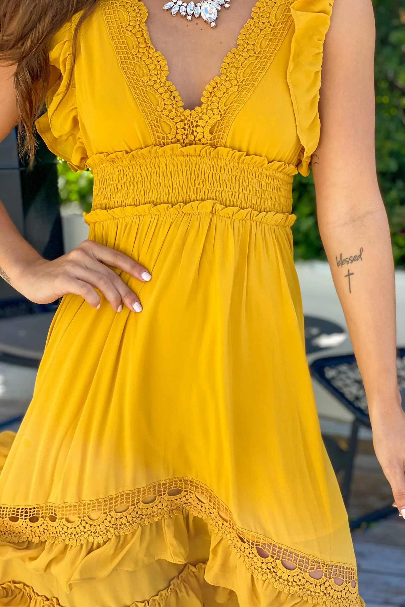 Mustard Maxi Dress with Crochet Trim