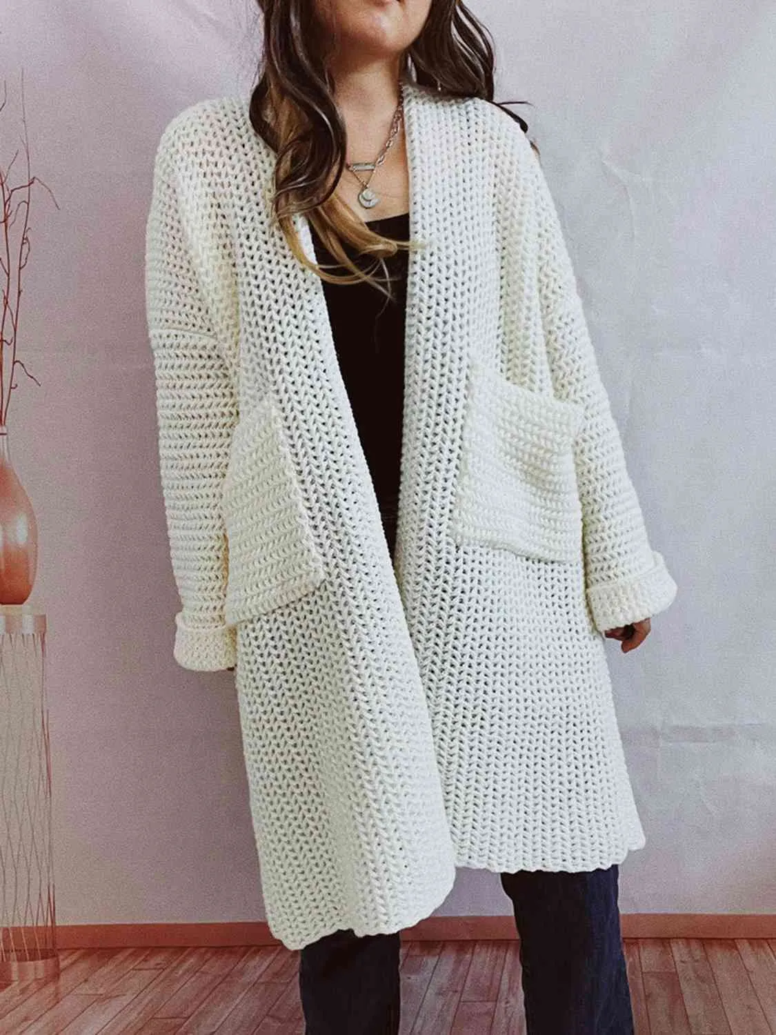 Open Front Long Sleeve Cardigan with Pockets