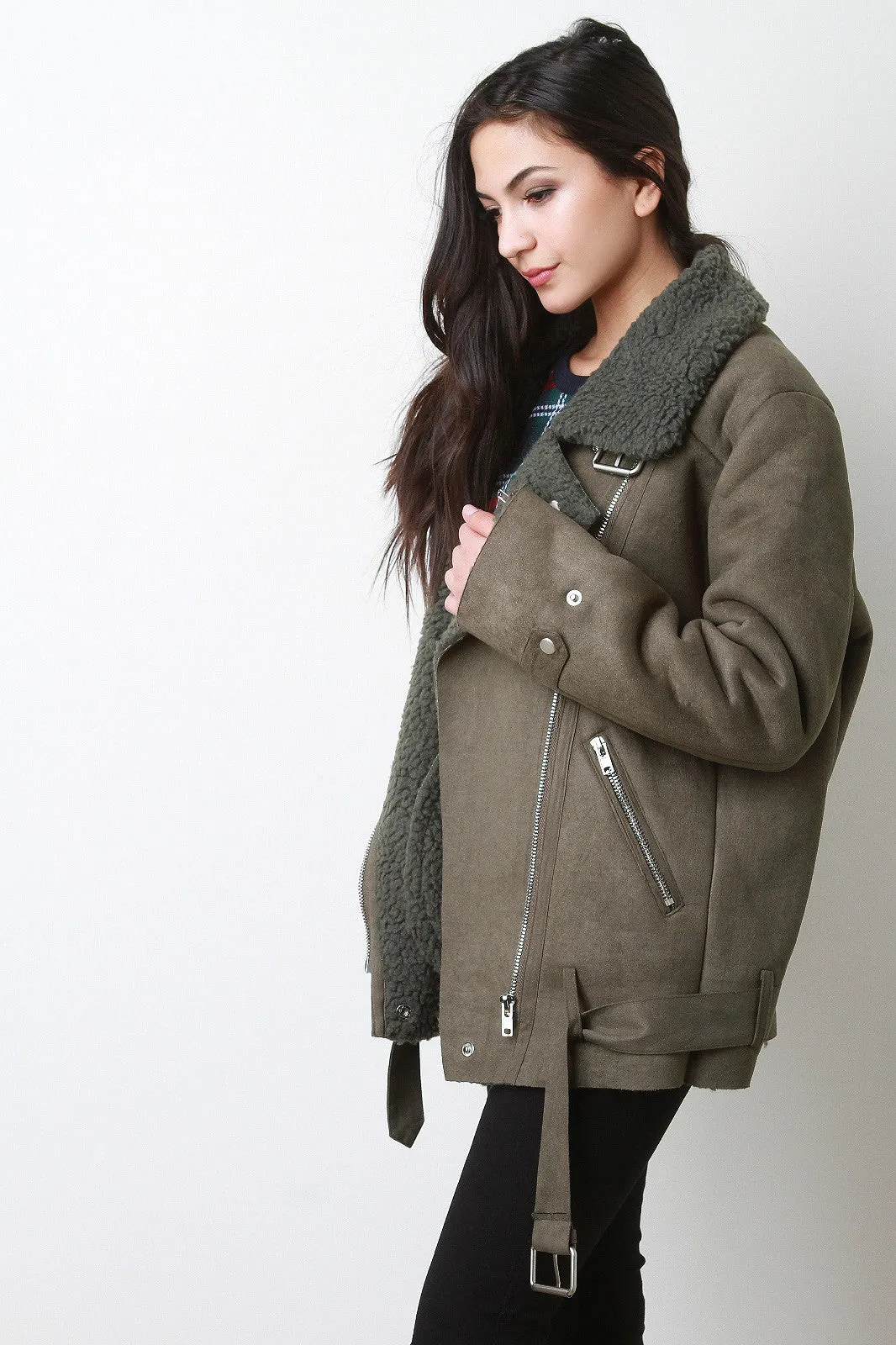 Oversize Shearling Asymmetrical Zipper Jacket