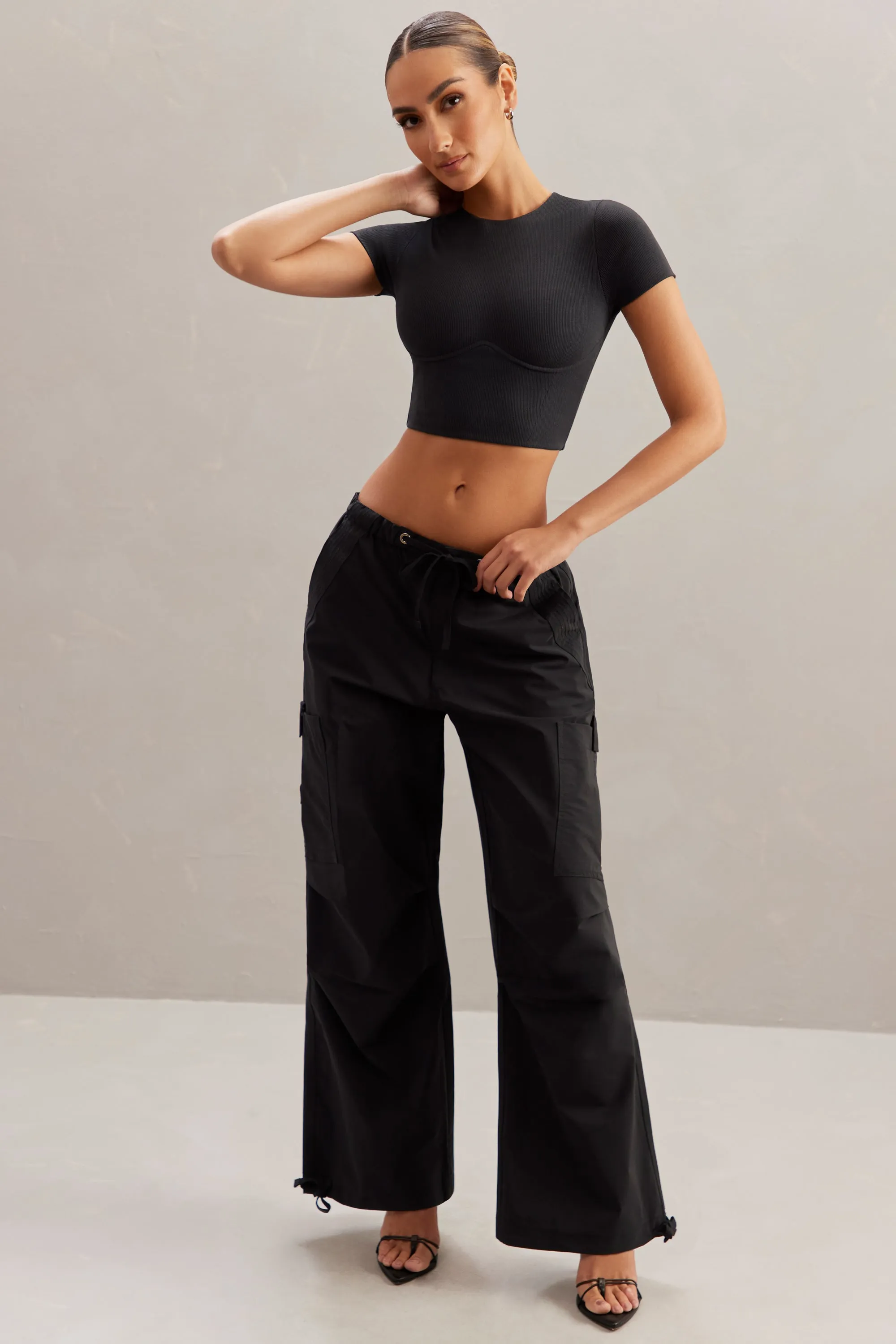 Petite Wide Leg Cargo Trousers in Black