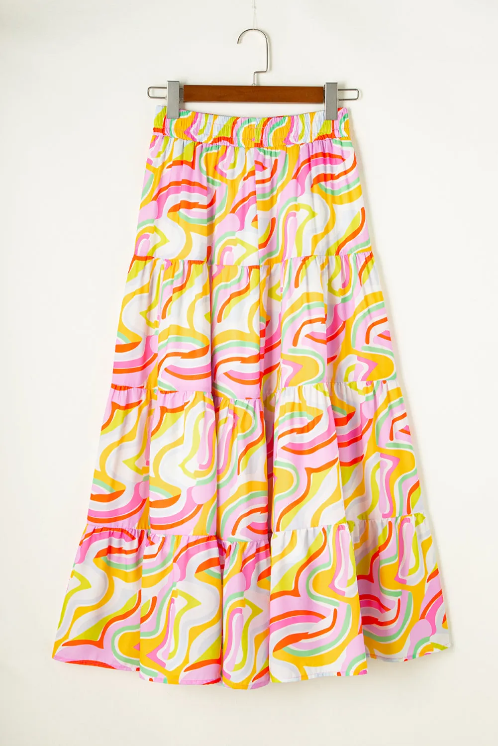 Pink Abstract Print Tiered Flowy Maxi Skirt