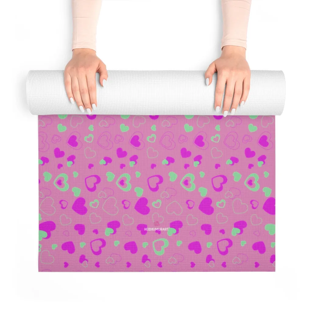 Pink Hearts Foam Yoga Mat, Hearts Pattern Best Lightweight 0.25" thick Mat - Printed in USA (Size: 24″x72")