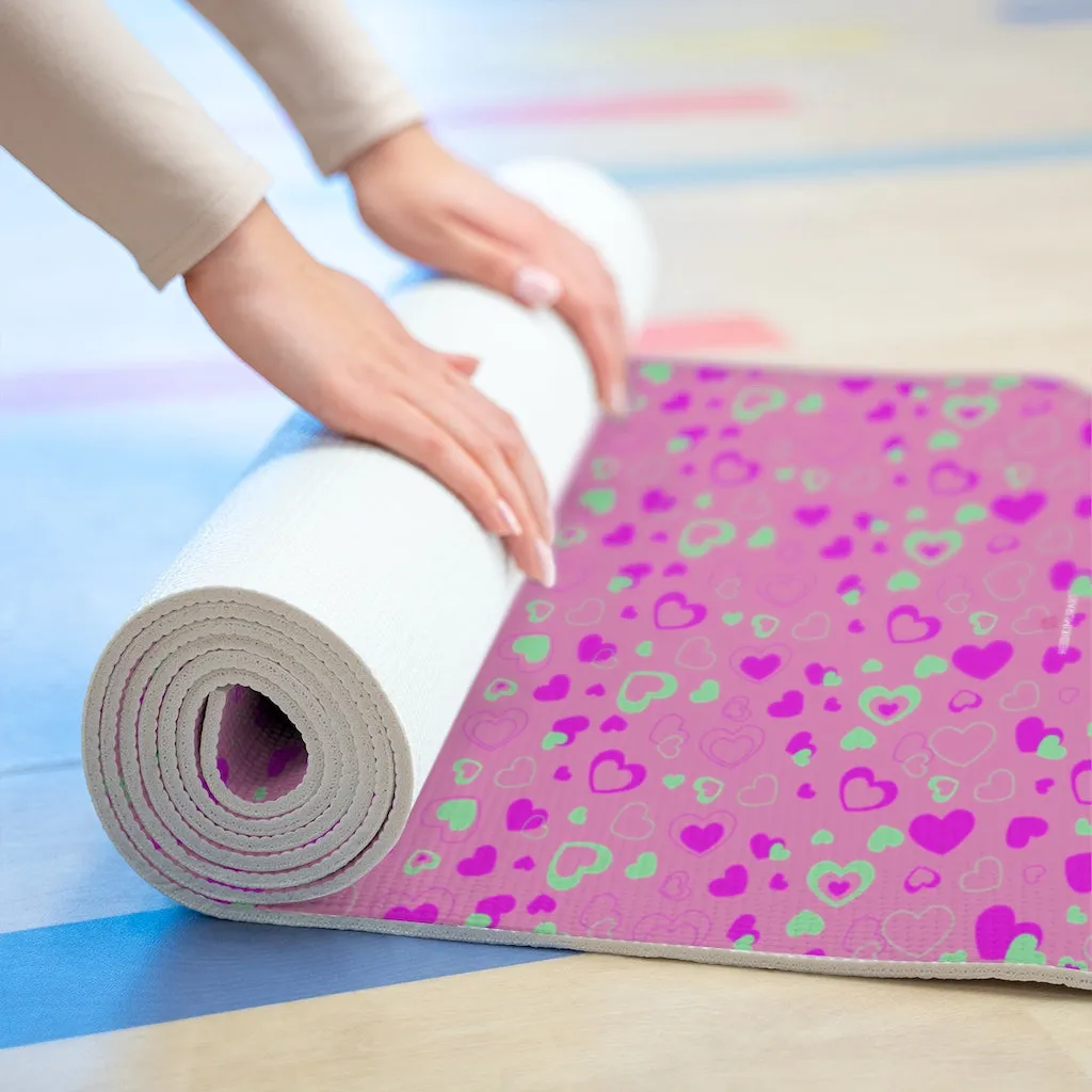 Pink Hearts Foam Yoga Mat, Hearts Pattern Best Lightweight 0.25" thick Mat - Printed in USA (Size: 24″x72")