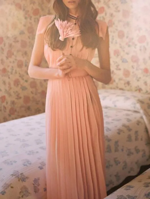 Pink Pleated Sleeveless Chiffon Dress Maxi Dress