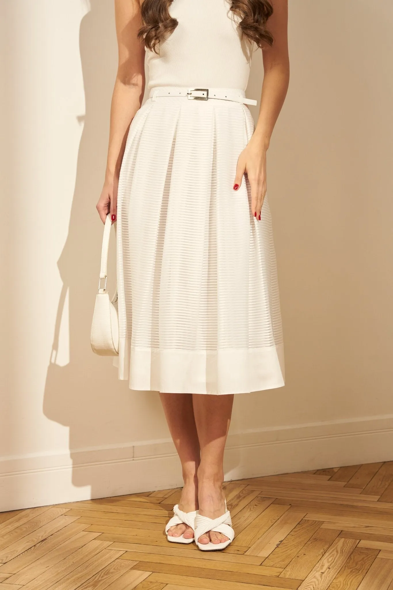 Pleated White Fluffy Midi Skirt with Belt