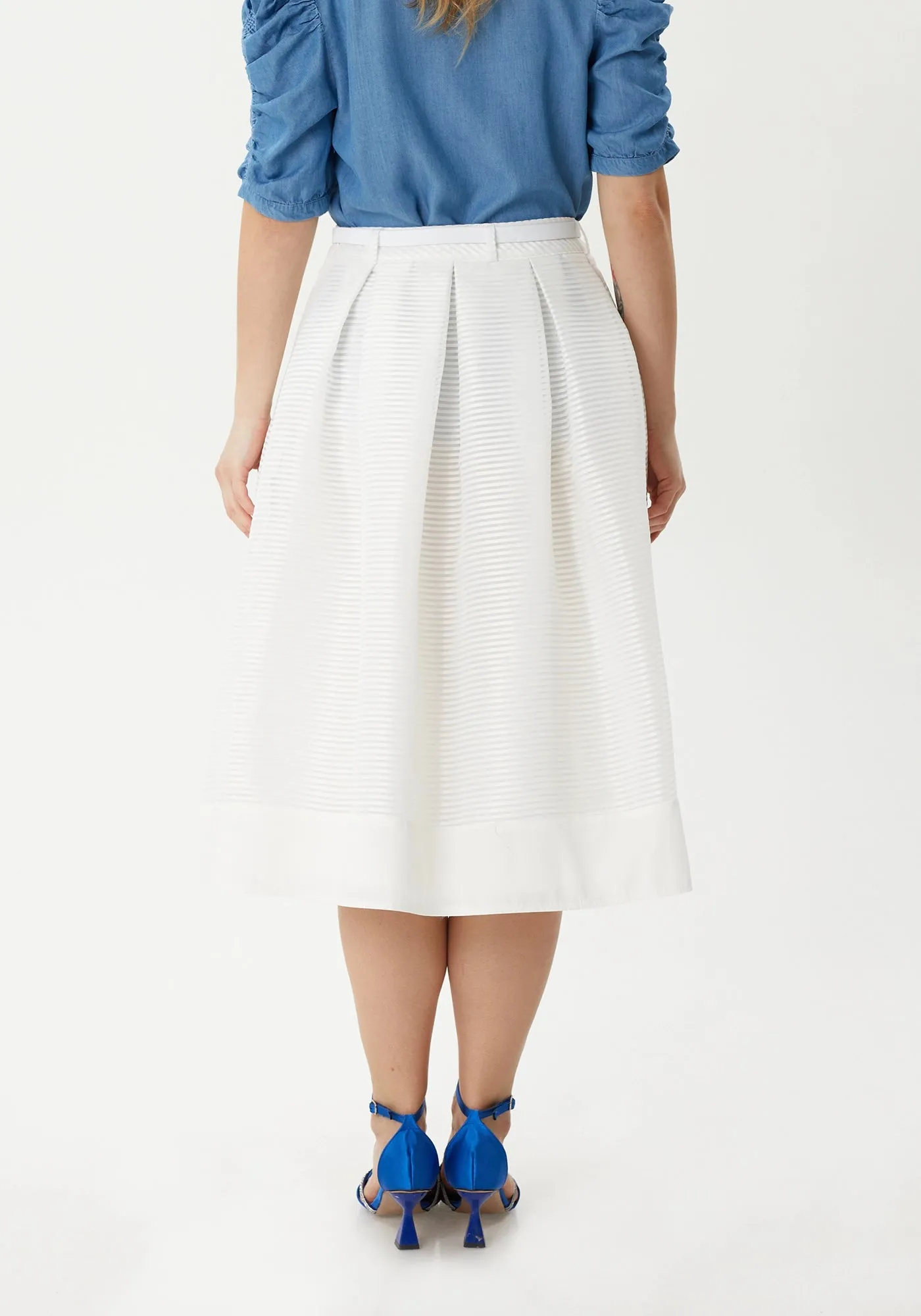 Pleated White Fluffy Midi Skirt with Belt