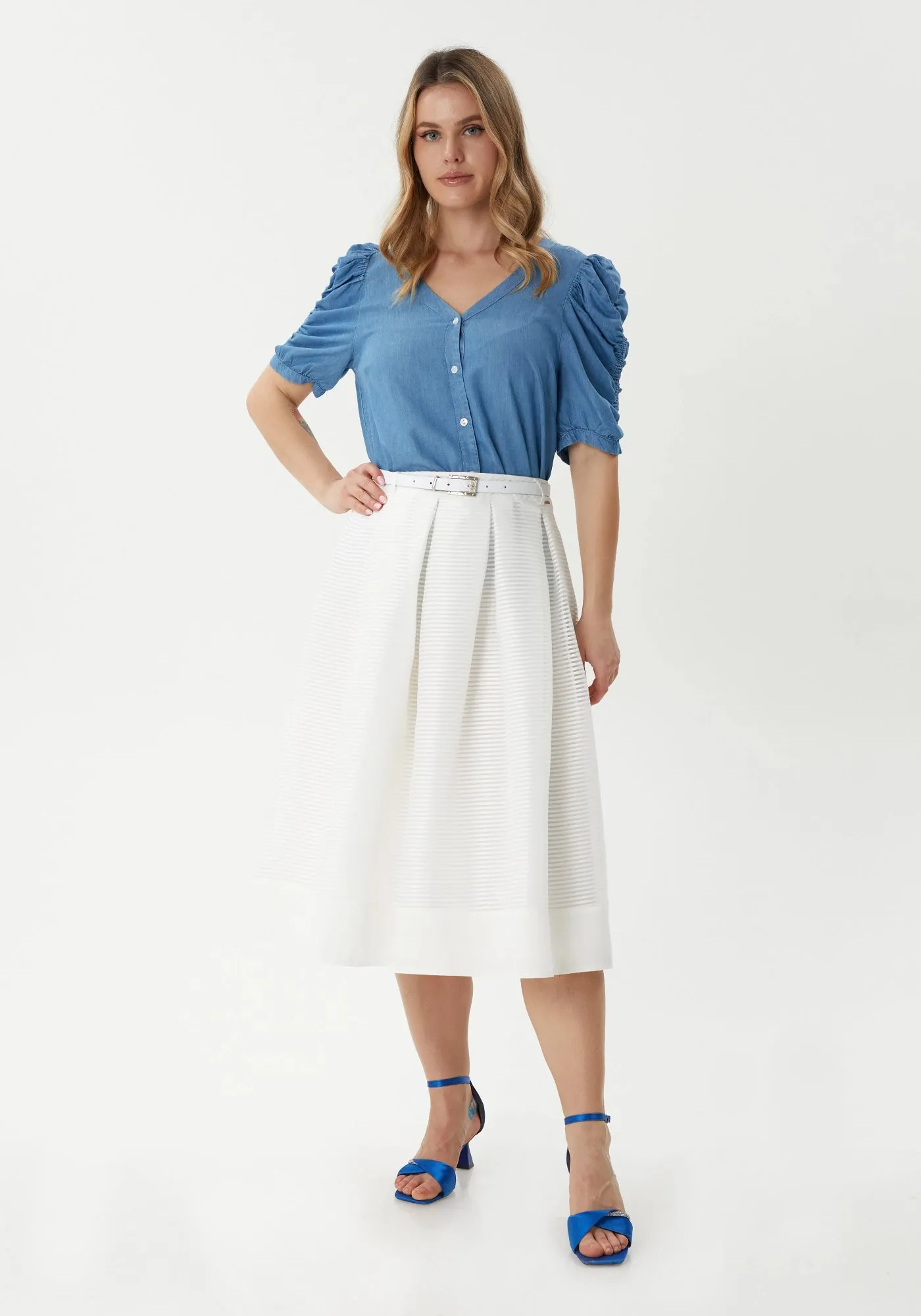 Pleated White Fluffy Midi Skirt with Belt