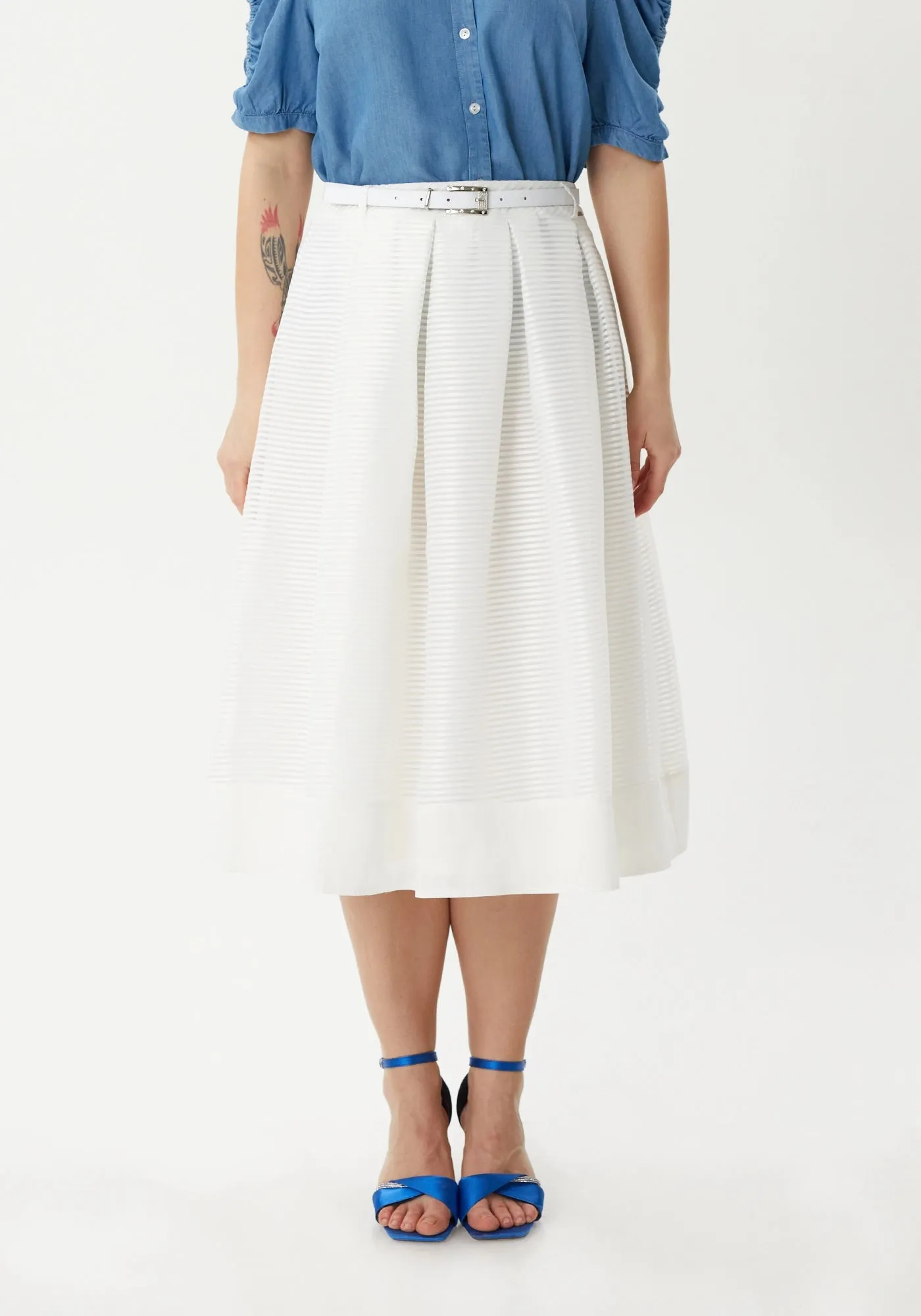 Pleated White Fluffy Midi Skirt with Belt