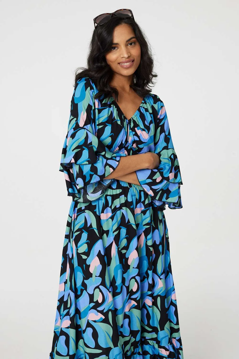 Printed Ruffle Hem Empire Maxi Dress