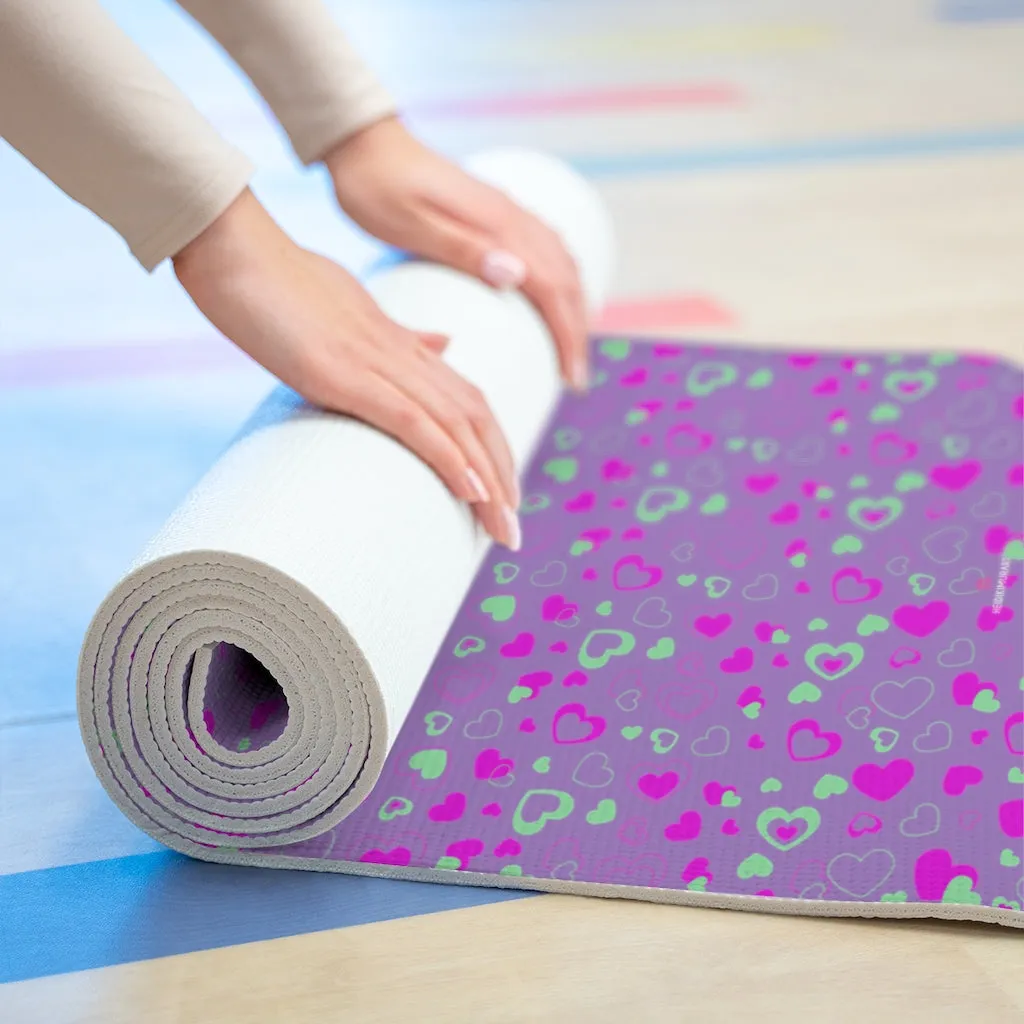 Purple Hearts Foam Yoga Mat, Hearts Pattern Best Lightweight 0.25" thick Mat - Printed in USA (Size: 24″x72")