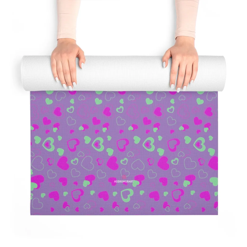 Purple Hearts Foam Yoga Mat, Hearts Pattern Best Lightweight 0.25" thick Mat - Printed in USA (Size: 24″x72")