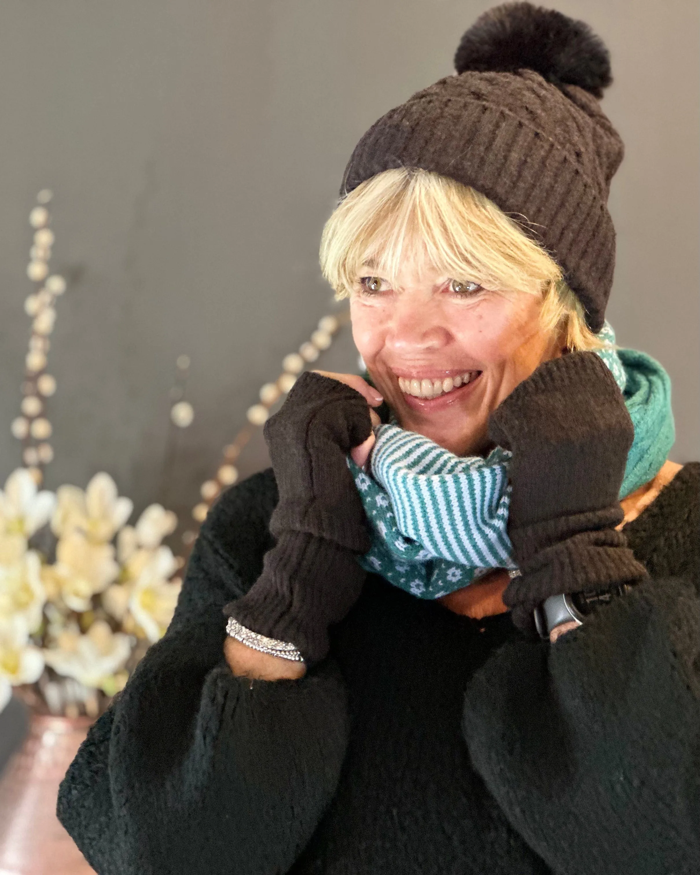 Recycled Black Cable Knit Pom Pom Hat