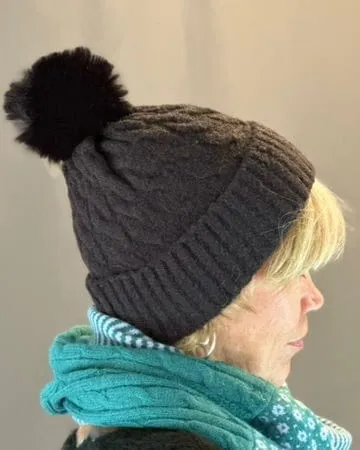 Recycled Black Cable Knit Pom Pom Hat