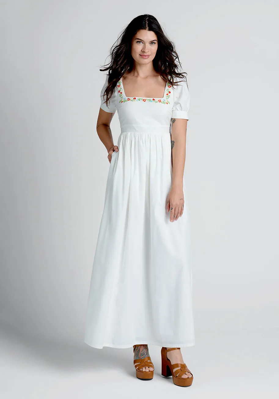 Regency Romance Embroidered Maxi Dress