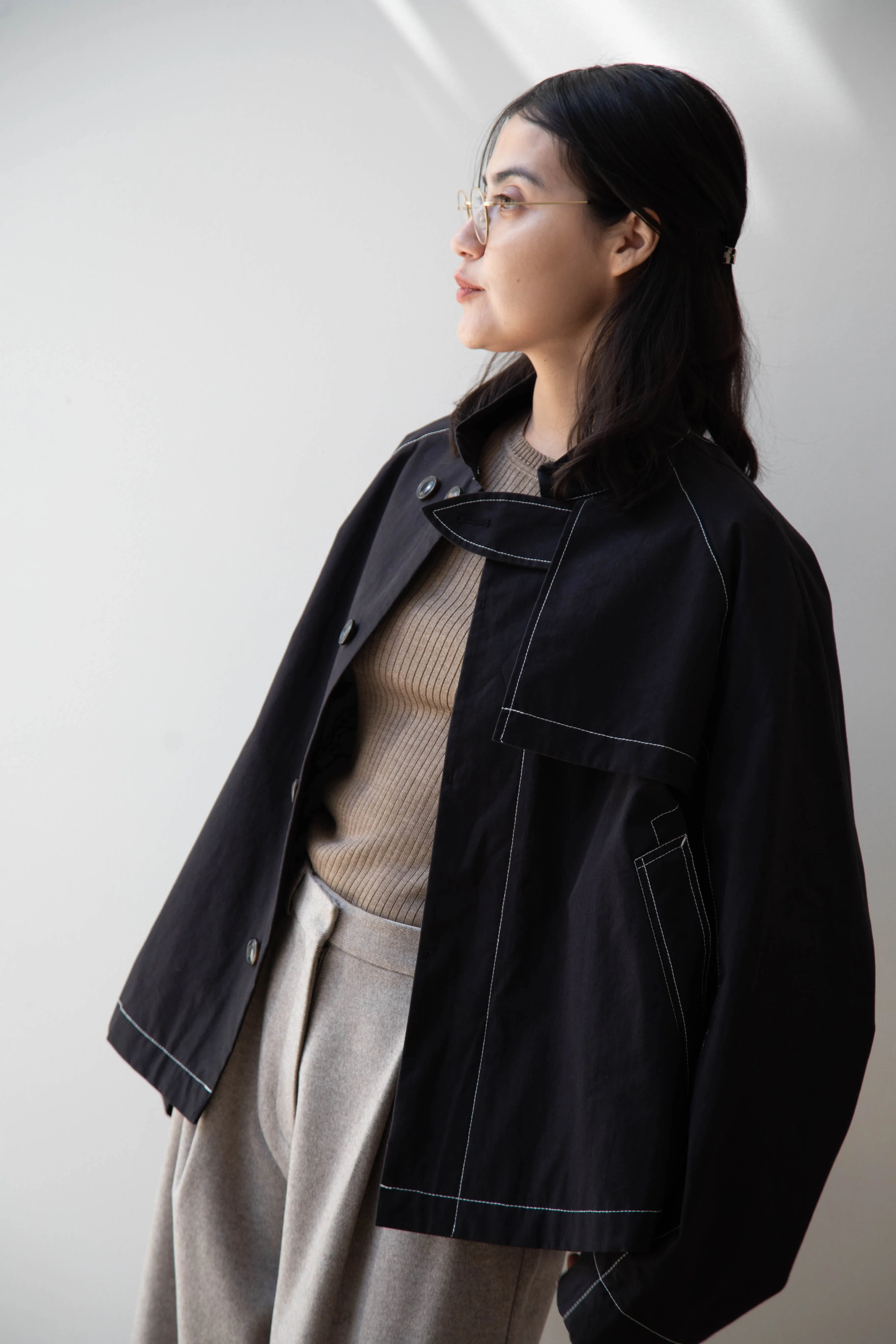 Renli Su | Contrast Stitch Black Trench Jacket