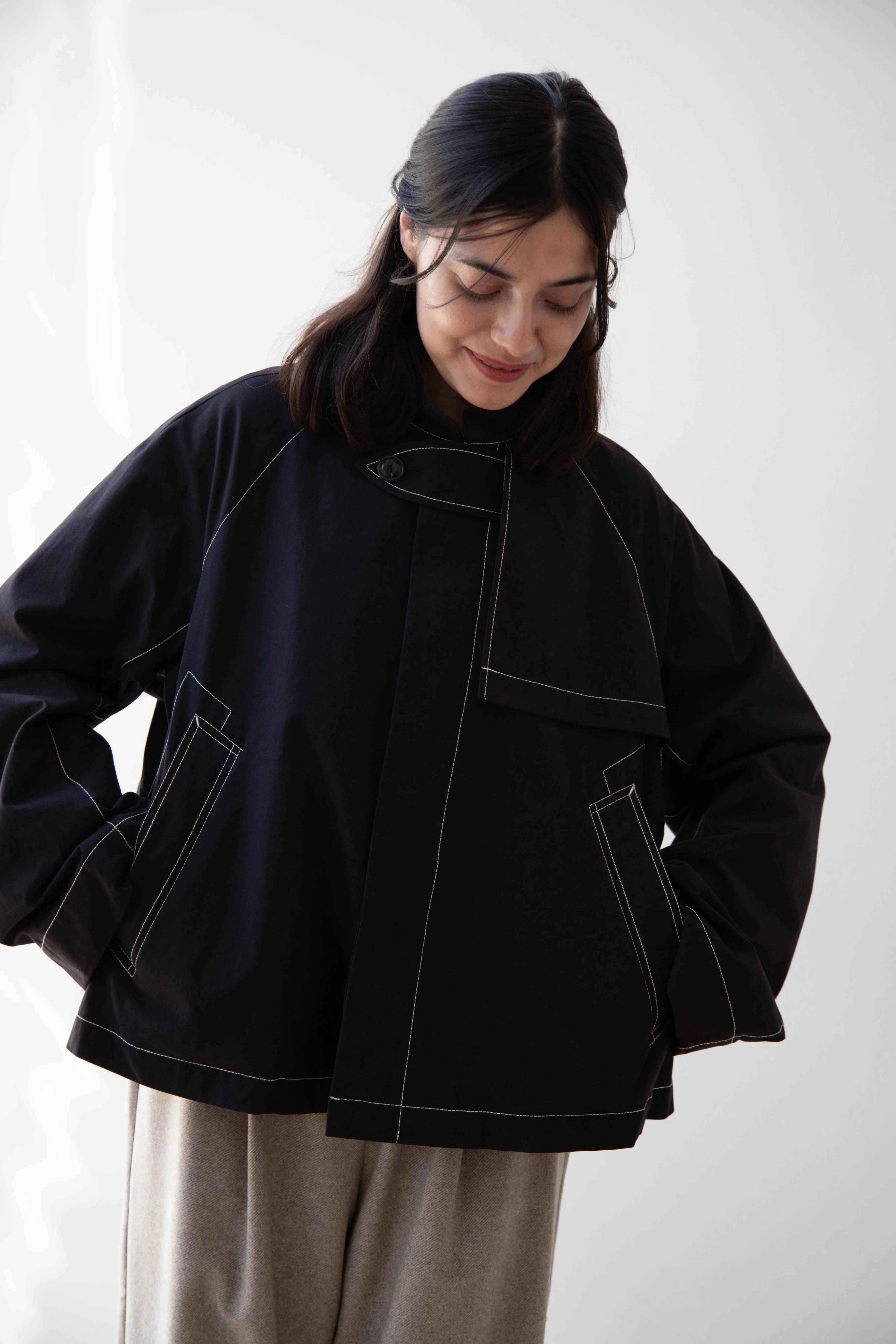 Renli Su | Contrast Stitch Black Trench Jacket