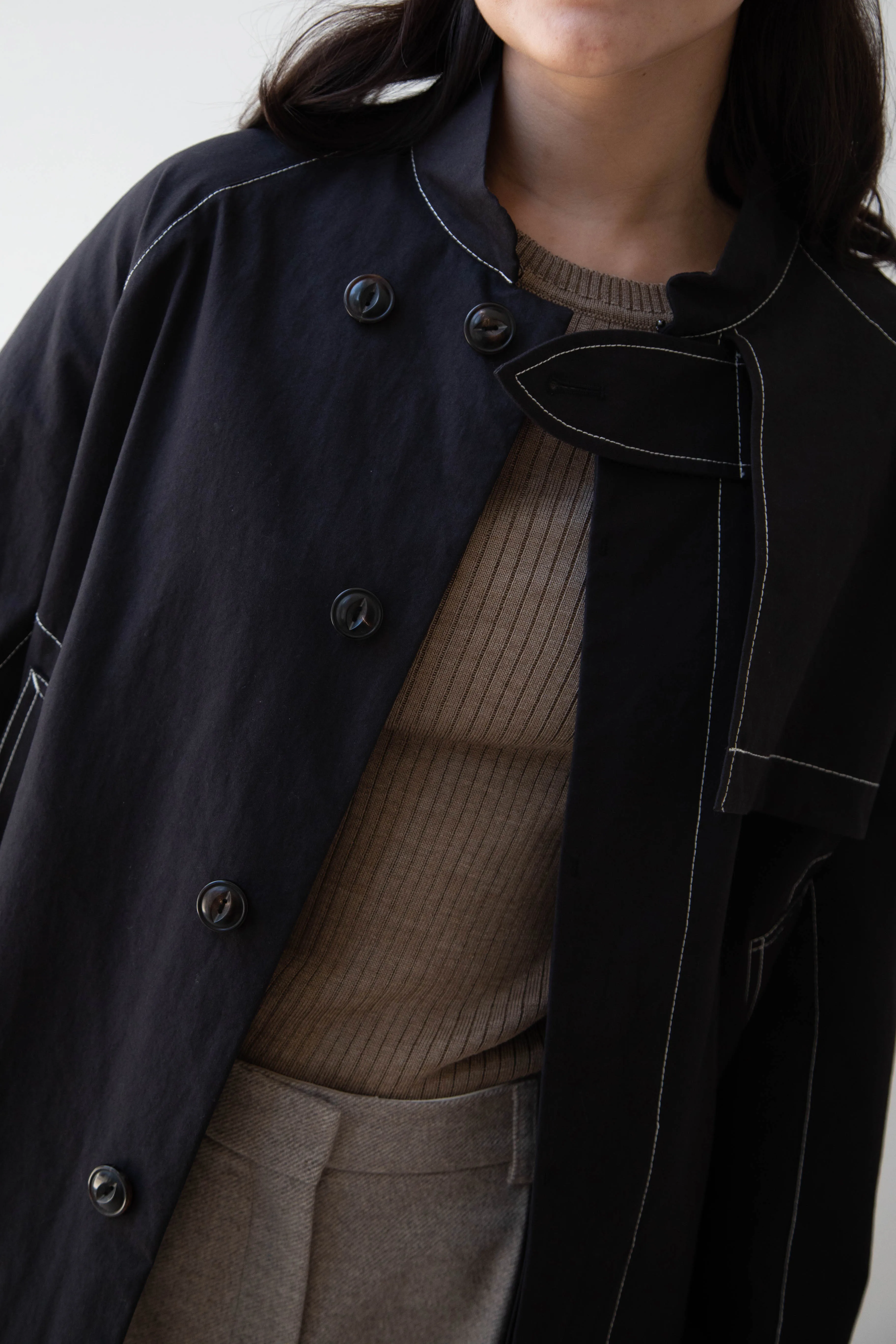 Renli Su | Contrast Stitch Black Trench Jacket