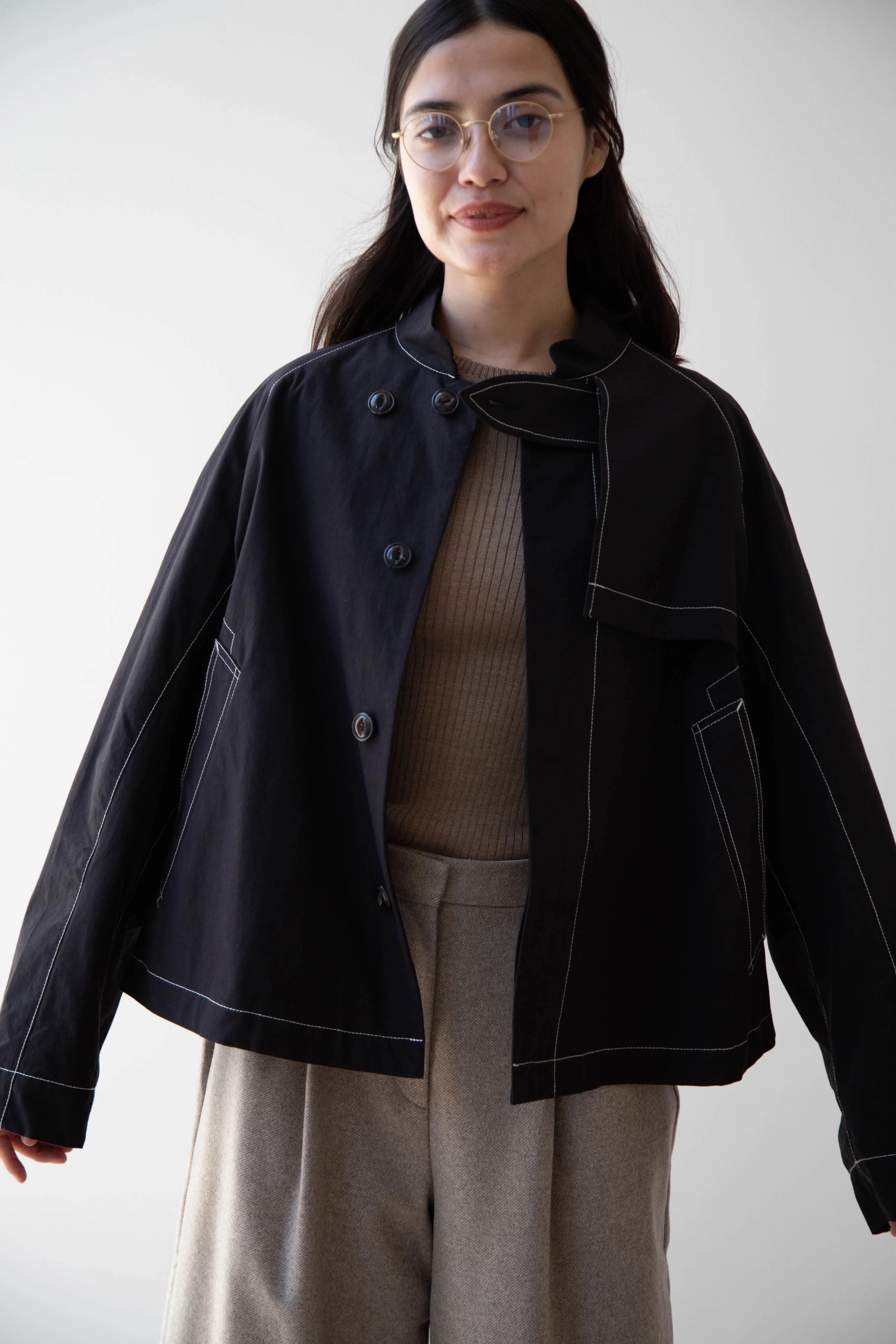 Renli Su | Contrast Stitch Black Trench Jacket