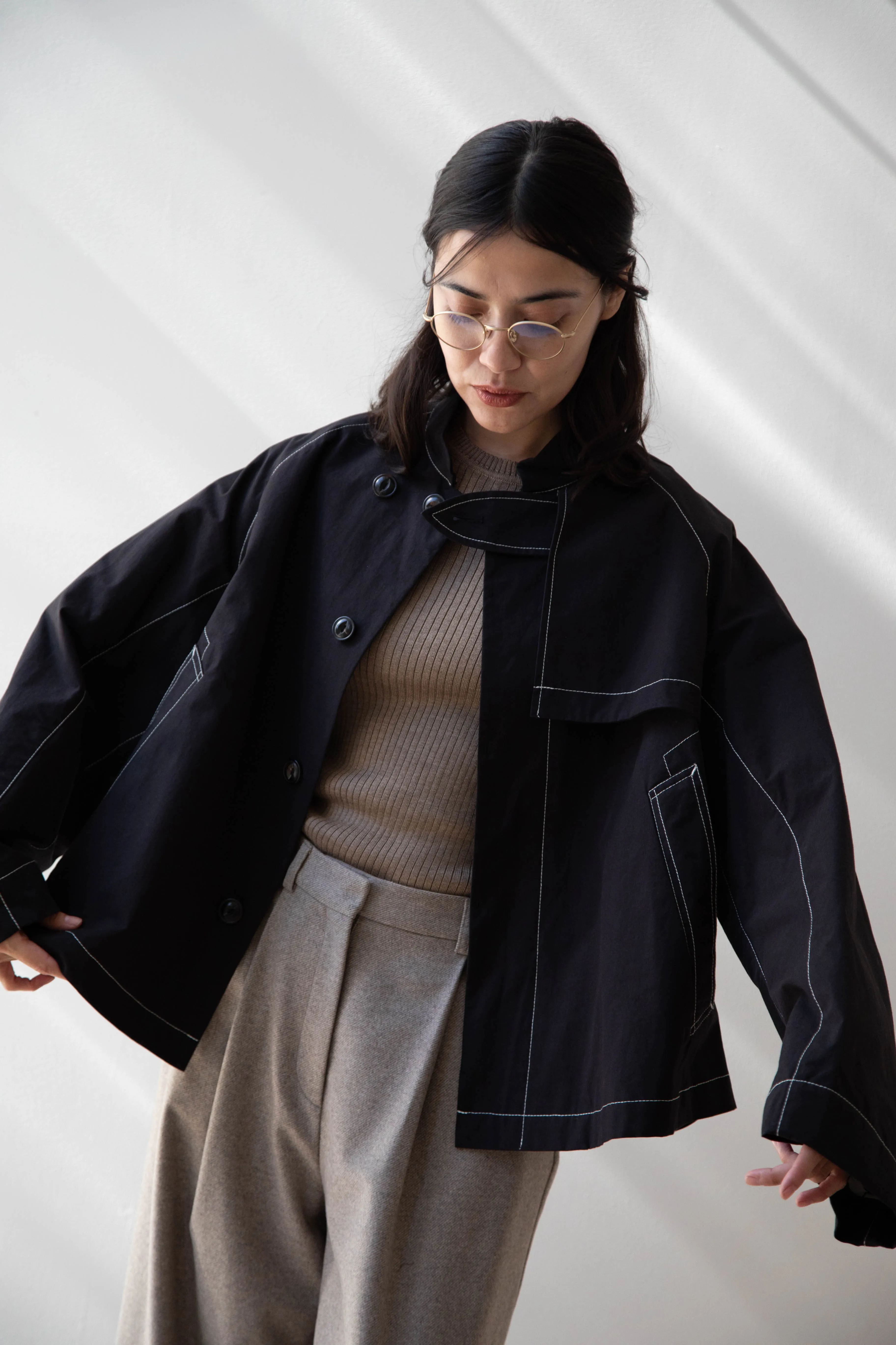 Renli Su | Contrast Stitch Black Trench Jacket