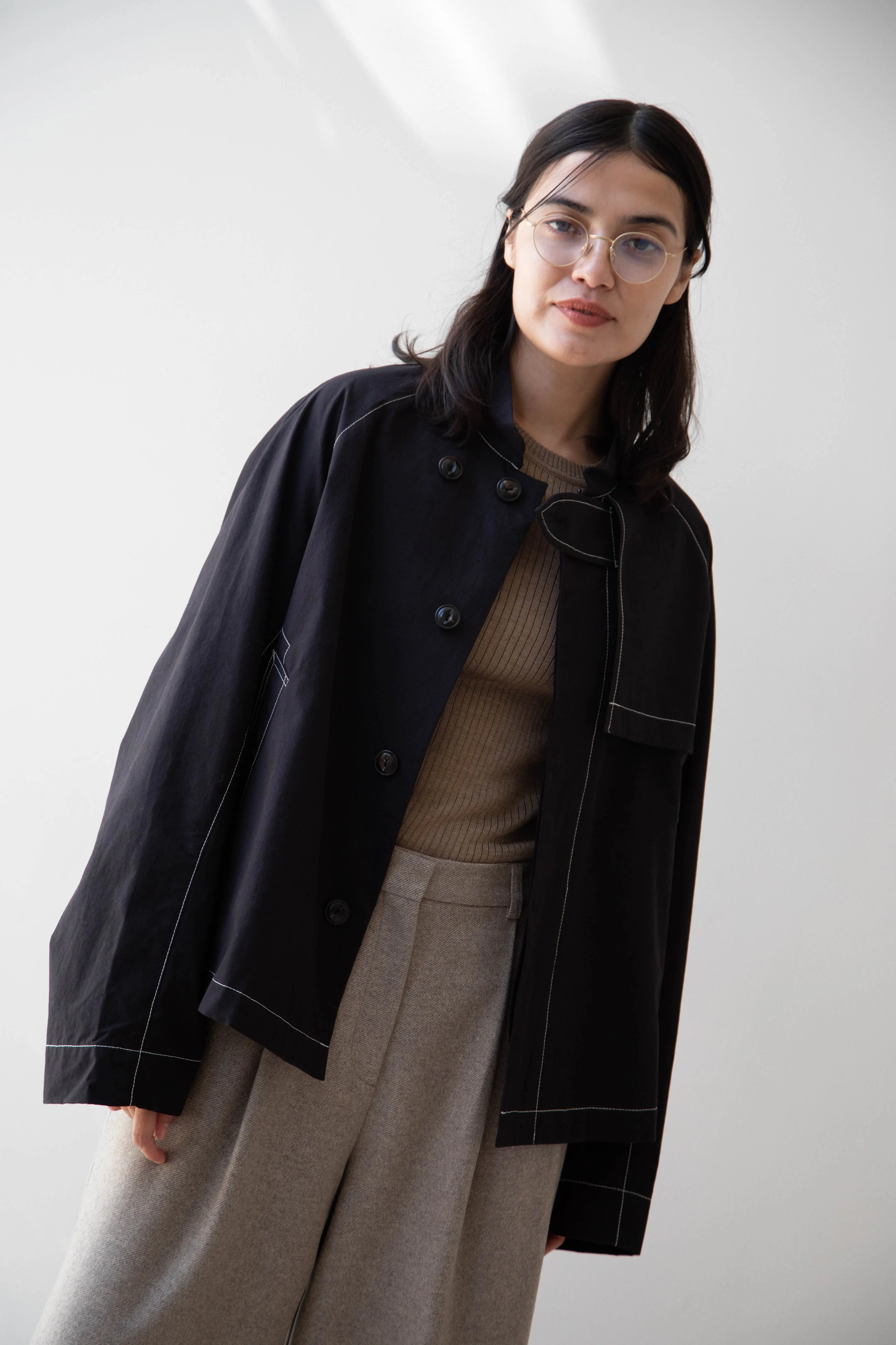 Renli Su | Contrast Stitch Black Trench Jacket