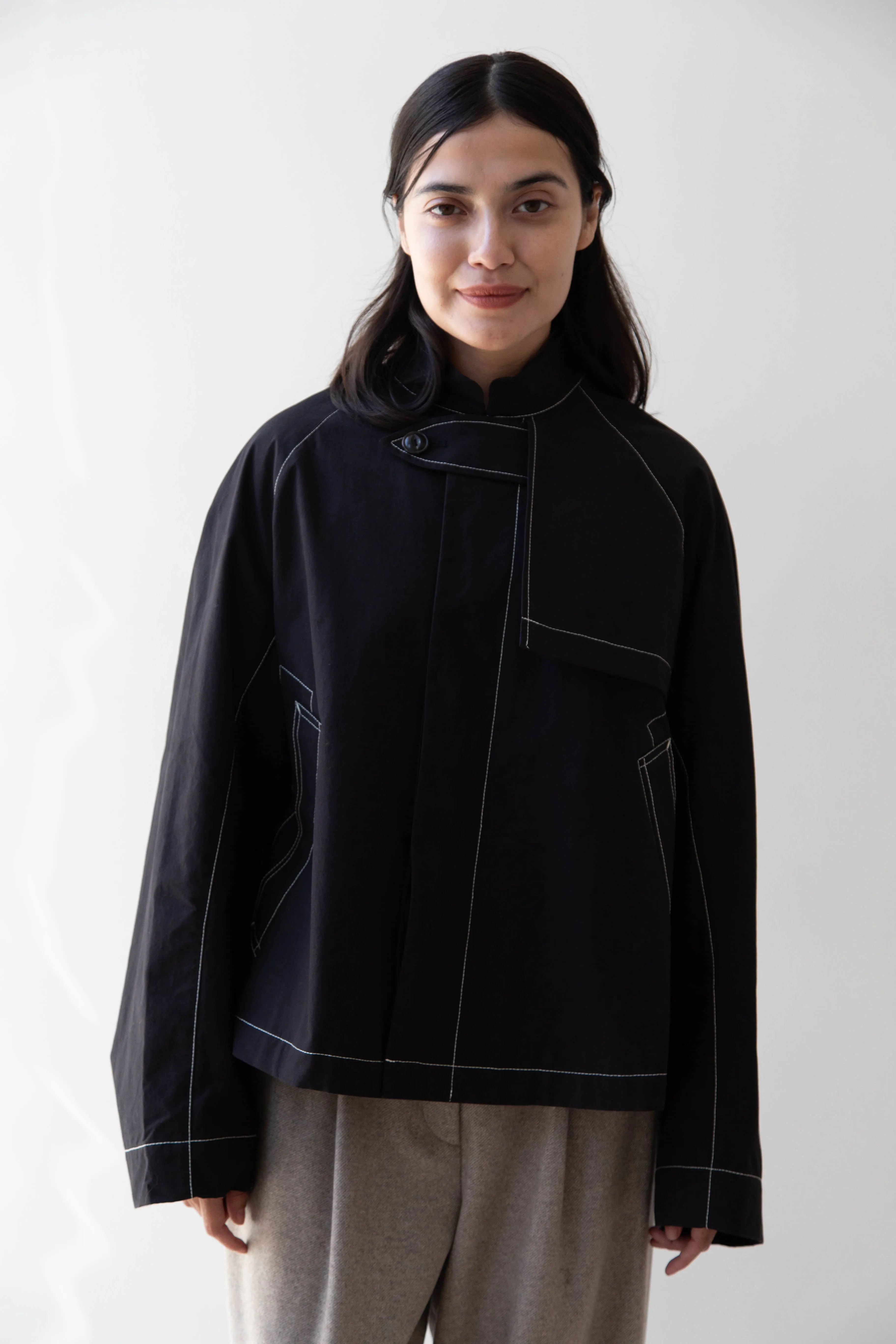 Renli Su | Contrast Stitch Black Trench Jacket