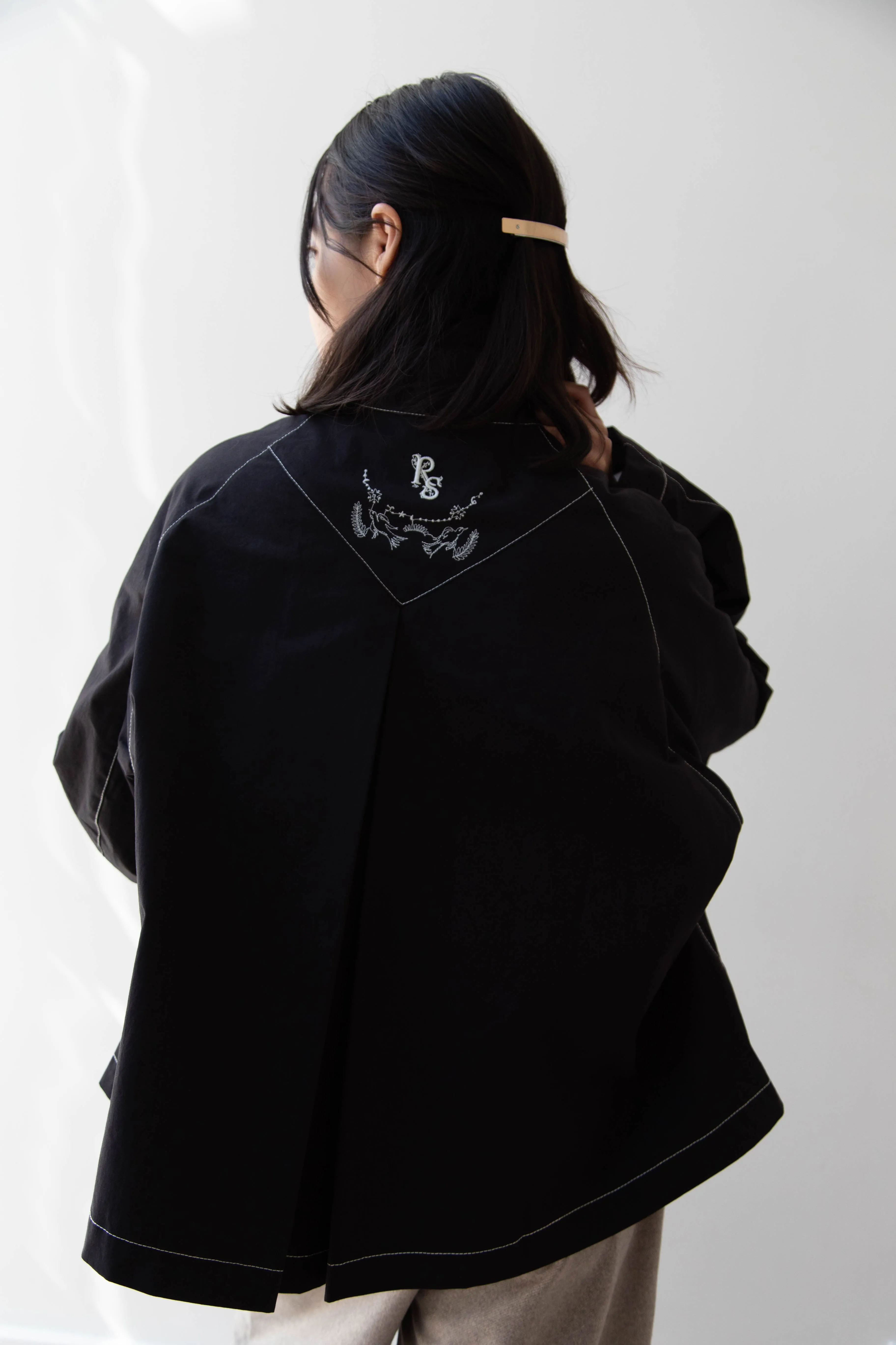 Renli Su | Contrast Stitch Black Trench Jacket