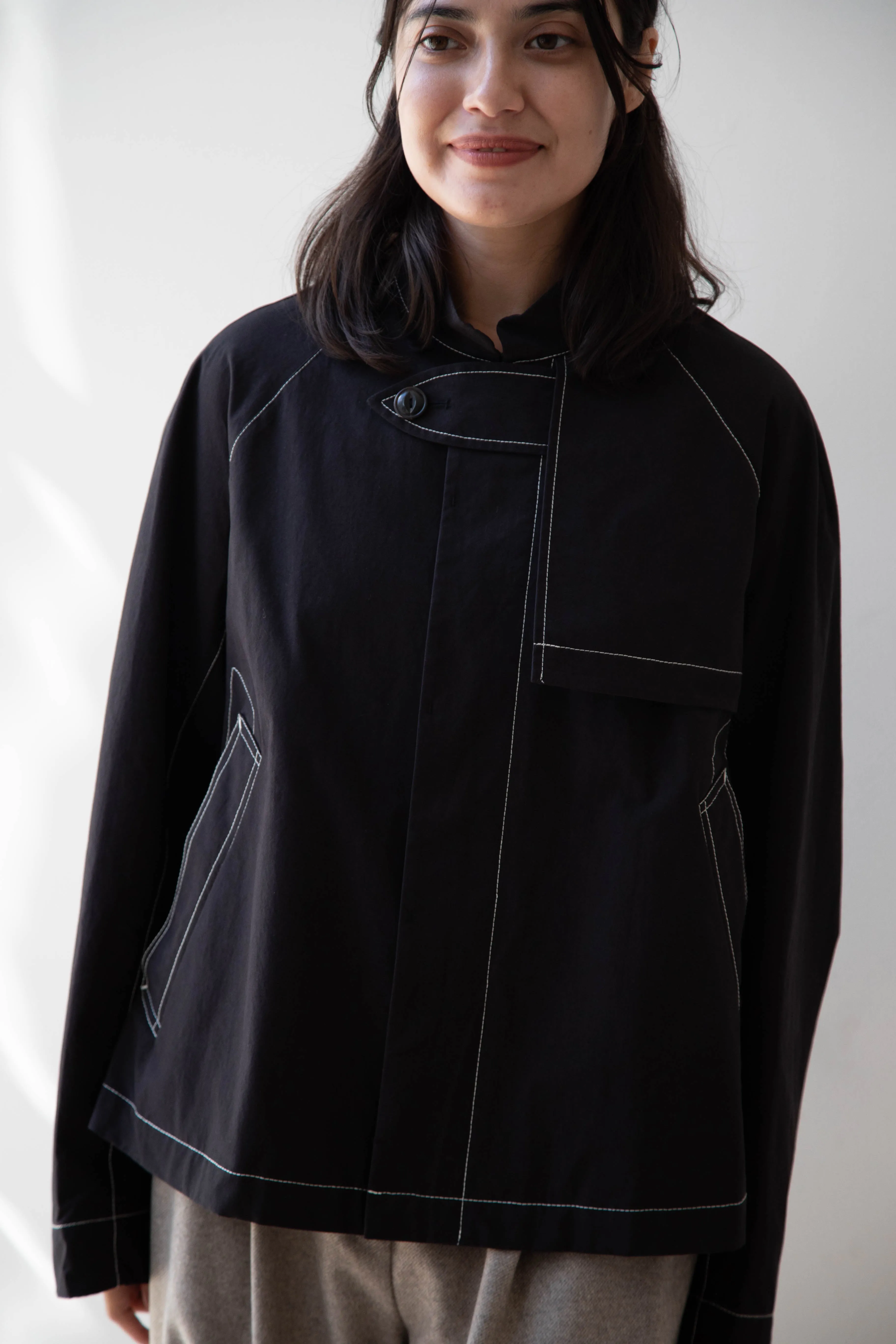 Renli Su | Contrast Stitch Black Trench Jacket