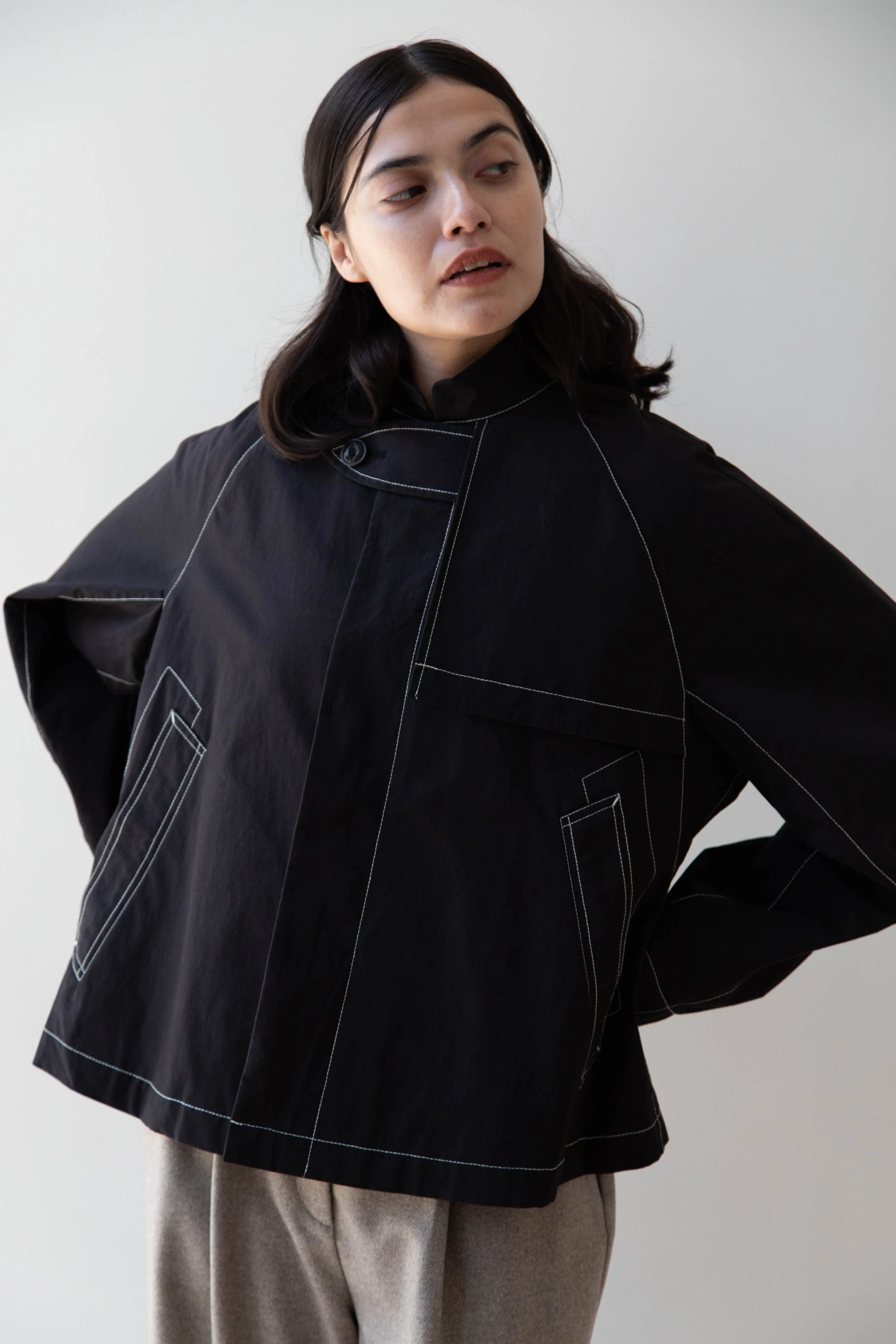 Renli Su | Contrast Stitch Black Trench Jacket