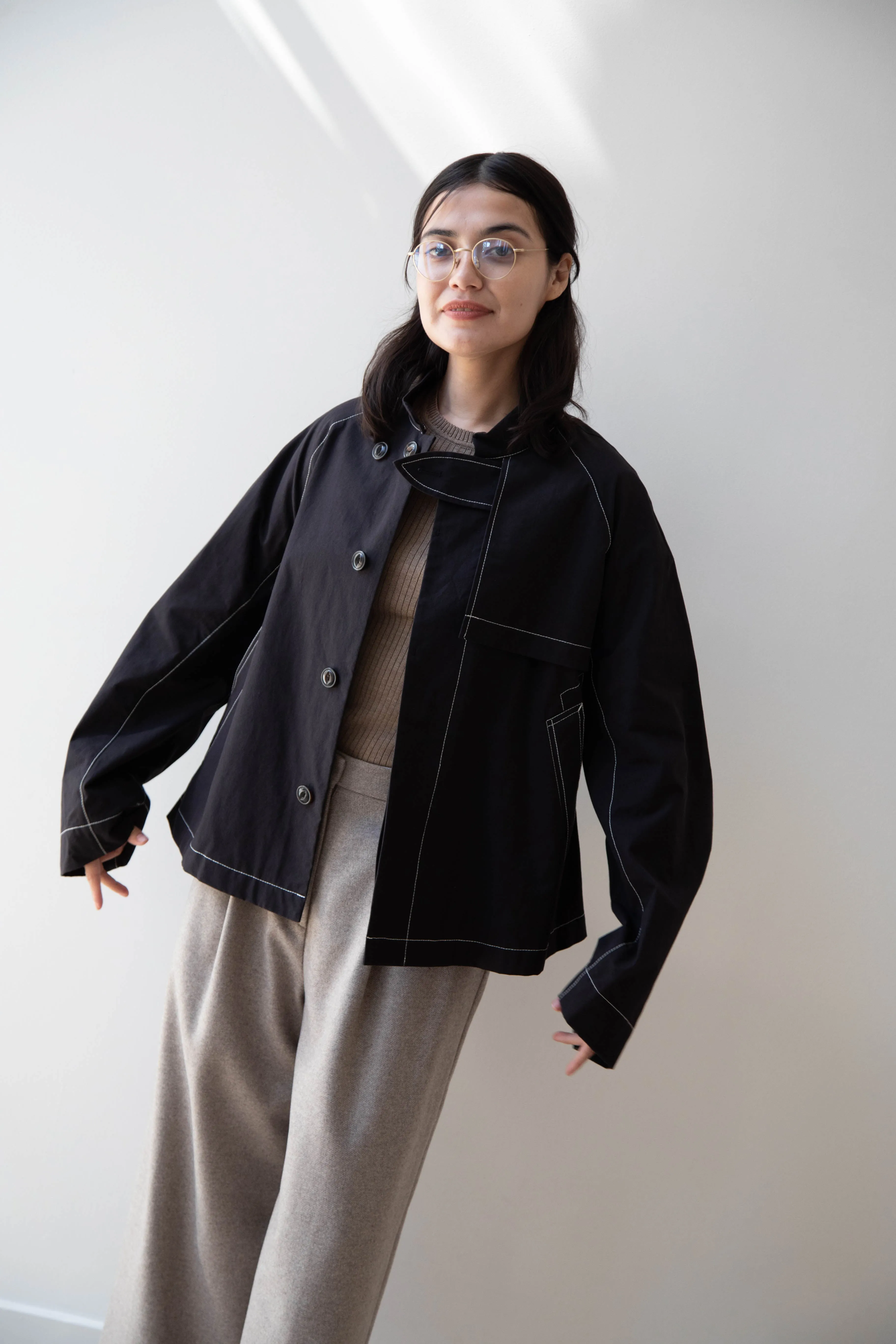 Renli Su | Contrast Stitch Black Trench Jacket