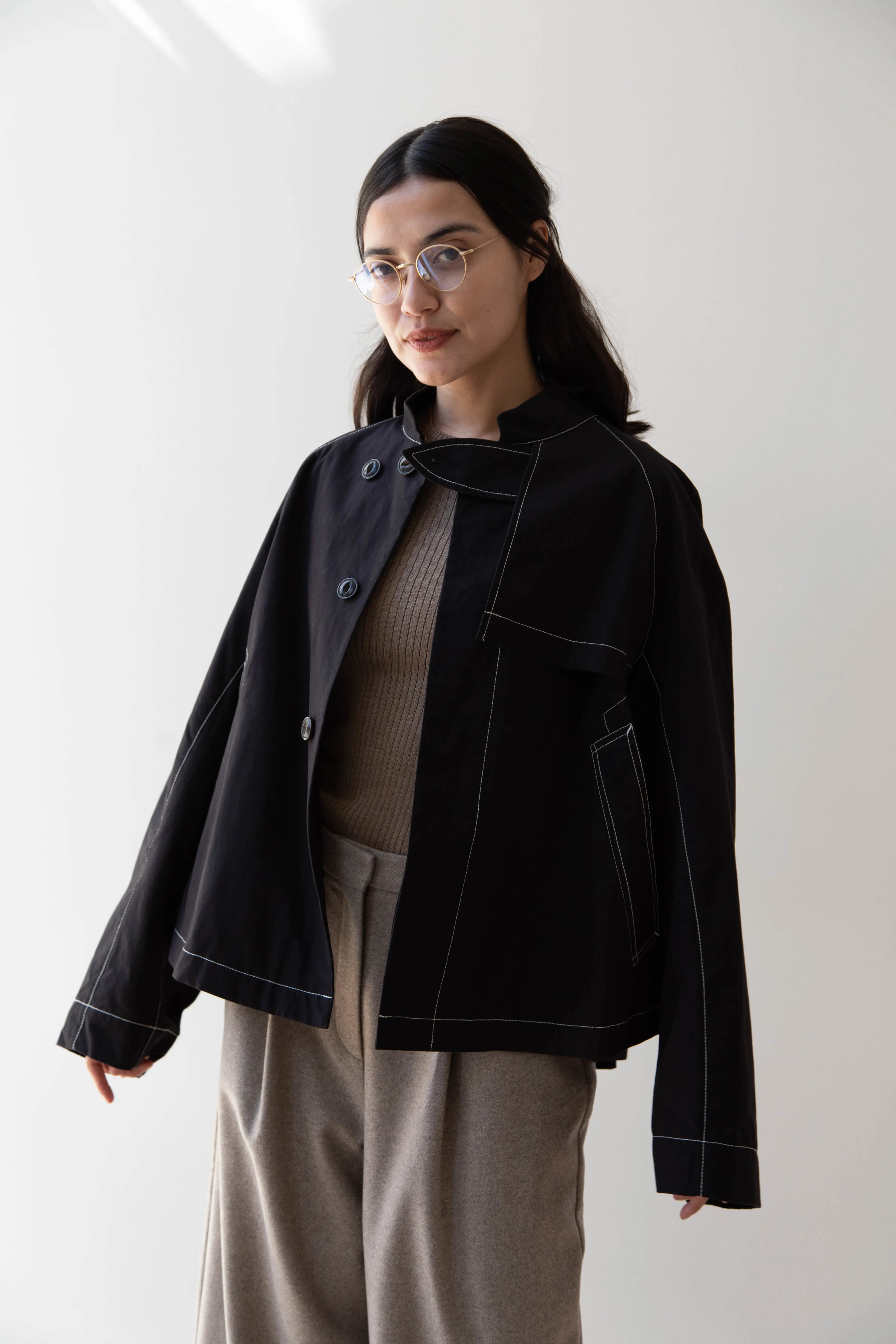 Renli Su | Contrast Stitch Black Trench Jacket