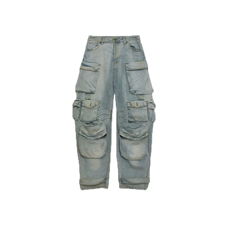 Salt-Wash Multi-Pocket Denim Cargo Jeans