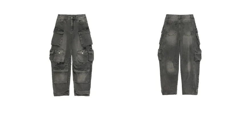 Salt-Wash Multi-Pocket Denim Cargo Jeans