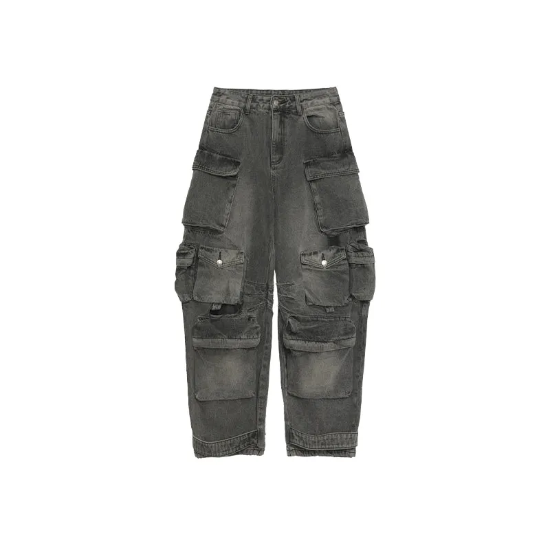 Salt-Wash Multi-Pocket Denim Cargo Jeans