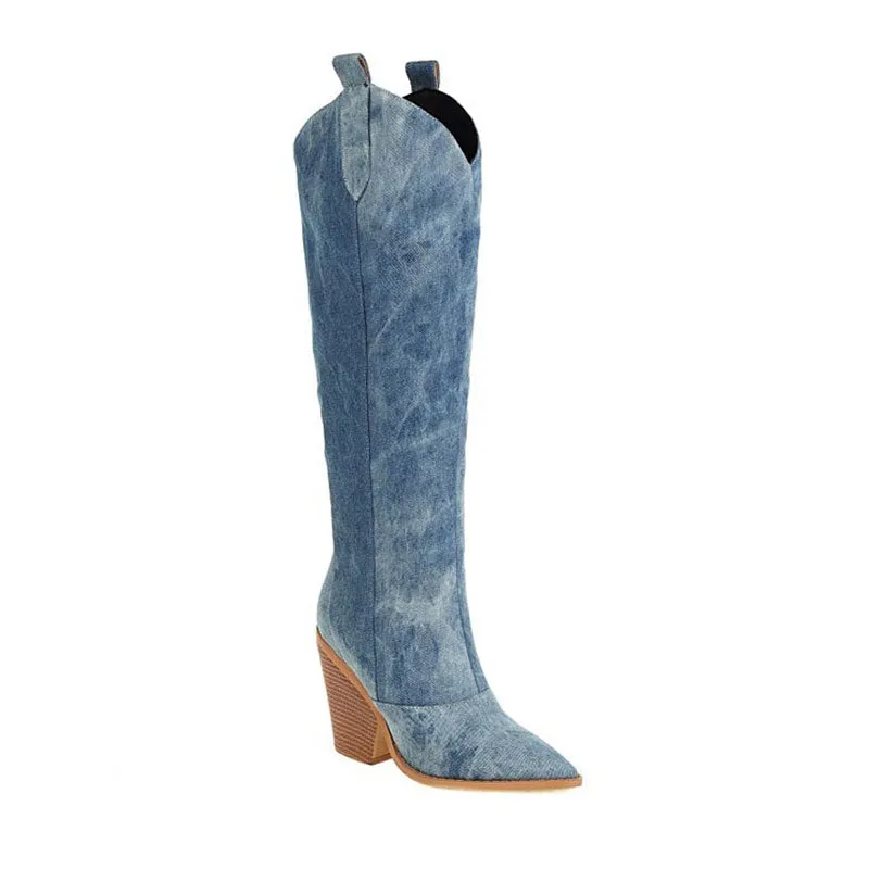 Sassy Pointed Toe Cuban Heel Knee High Denim Western Boots - Blue