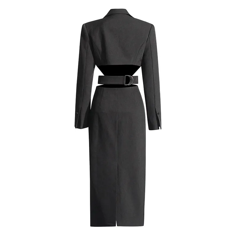 Sexy Lapel Single Breasted Belted Cinch Waist Long Sleeve Blazer Midi Dress