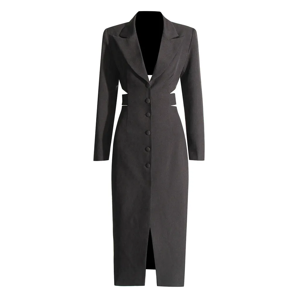 Sexy Lapel Single Breasted Belted Cinch Waist Long Sleeve Blazer Midi Dress