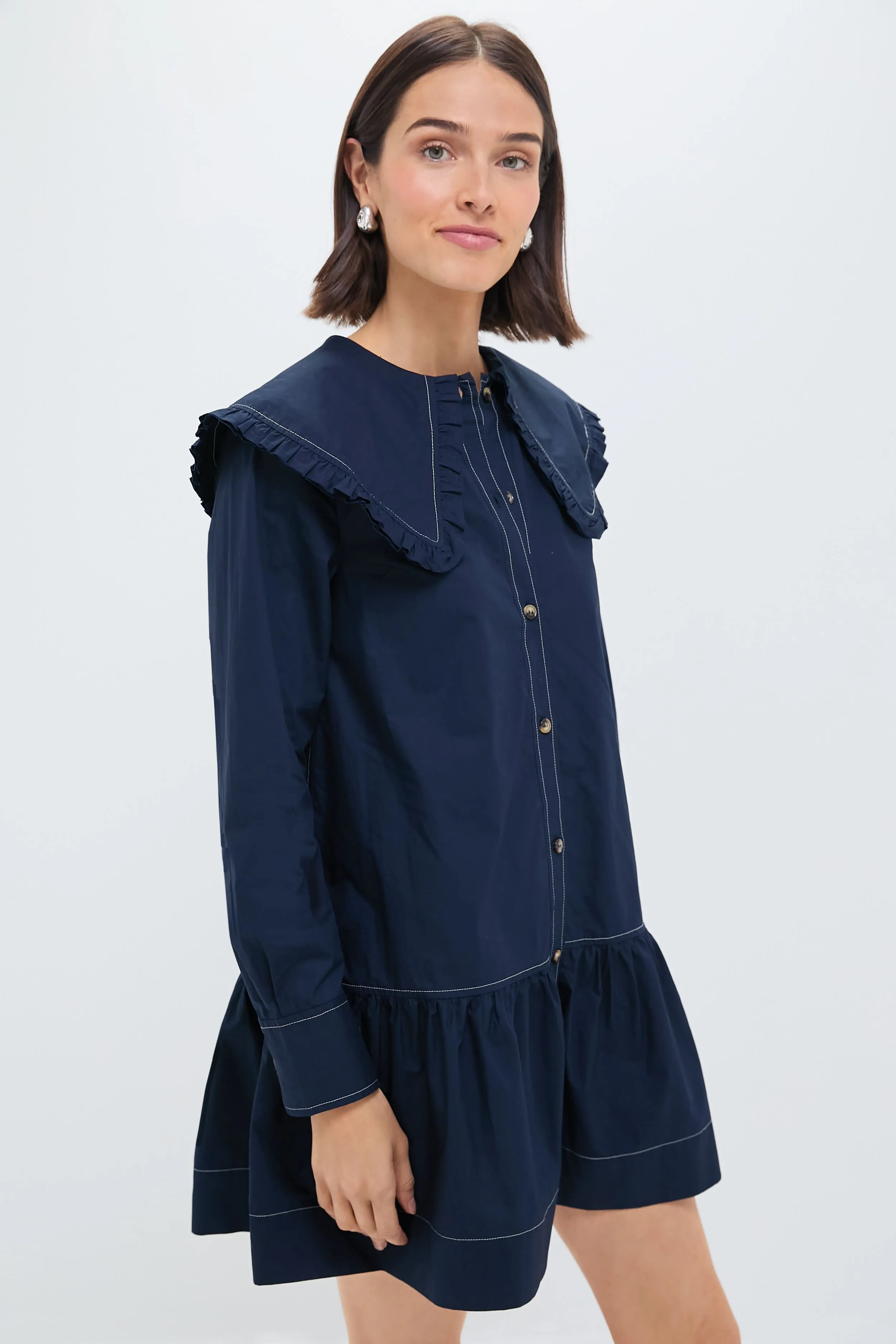 Sky Captain Cotton Poplin Big Collar Mini Shirt Dress