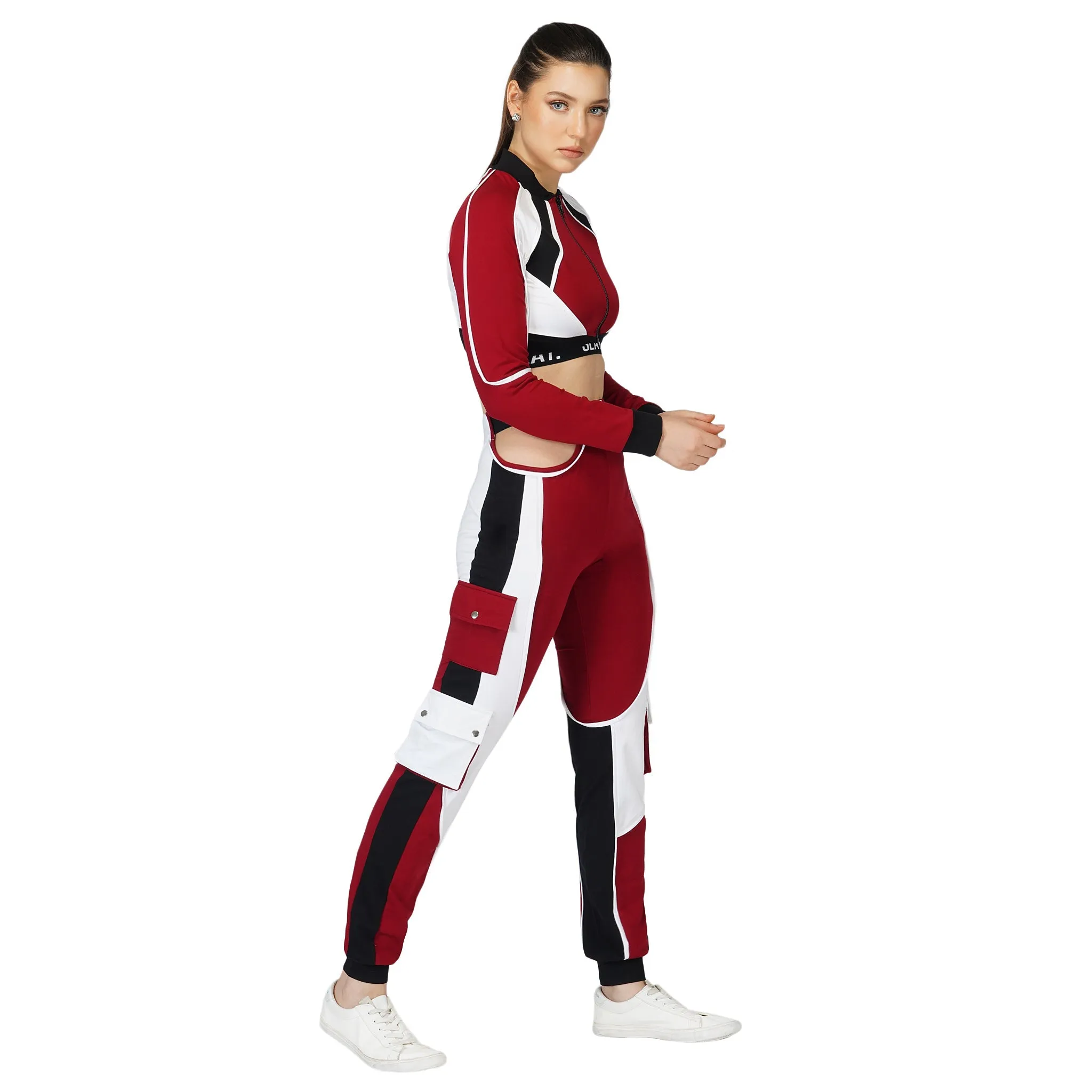 SLAY. Women's Activewear Red Black White Colorblock Crop Jacket Streetwear