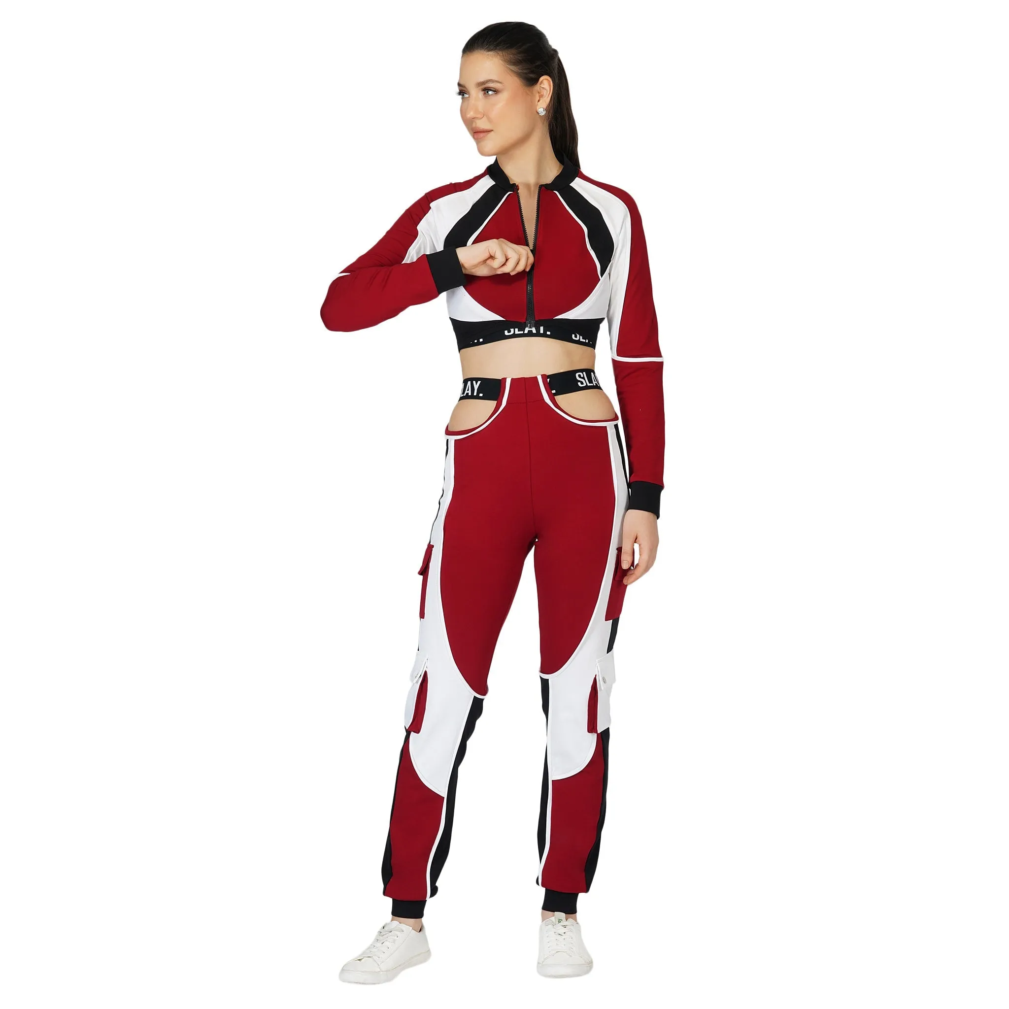 SLAY. Women's Activewear Red Black White Colorblock Crop Jacket Streetwear