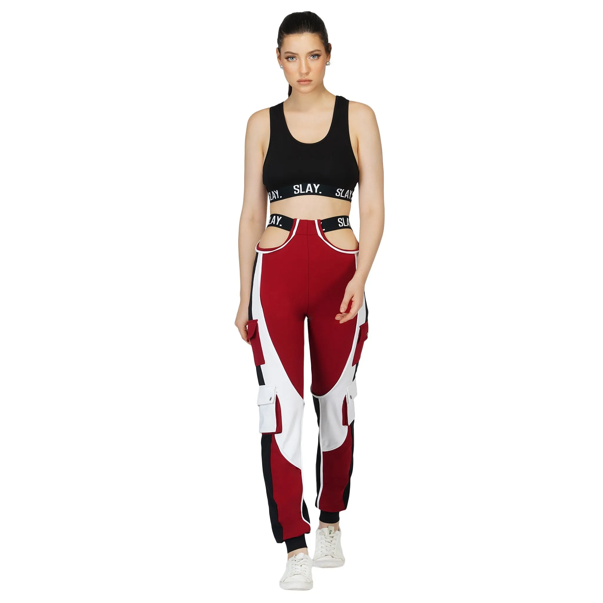 SLAY. Women's Activewear Red Black White Colorblock Crop Jacket Streetwear