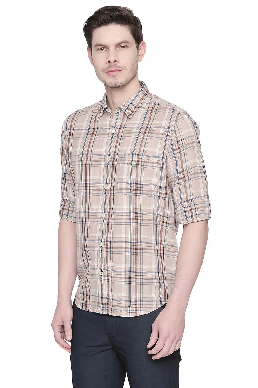 Slim Fit Cotton Linen Checks Shirt