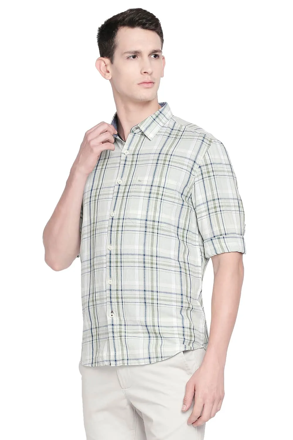 Slim Fit Cotton Linen Checks Shirt