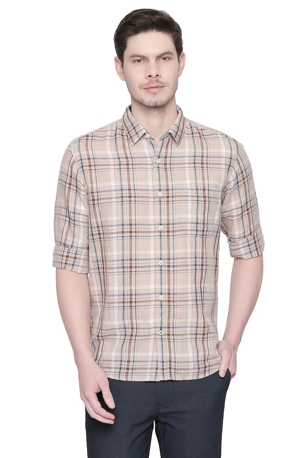 Slim Fit Cotton Linen Checks Shirt