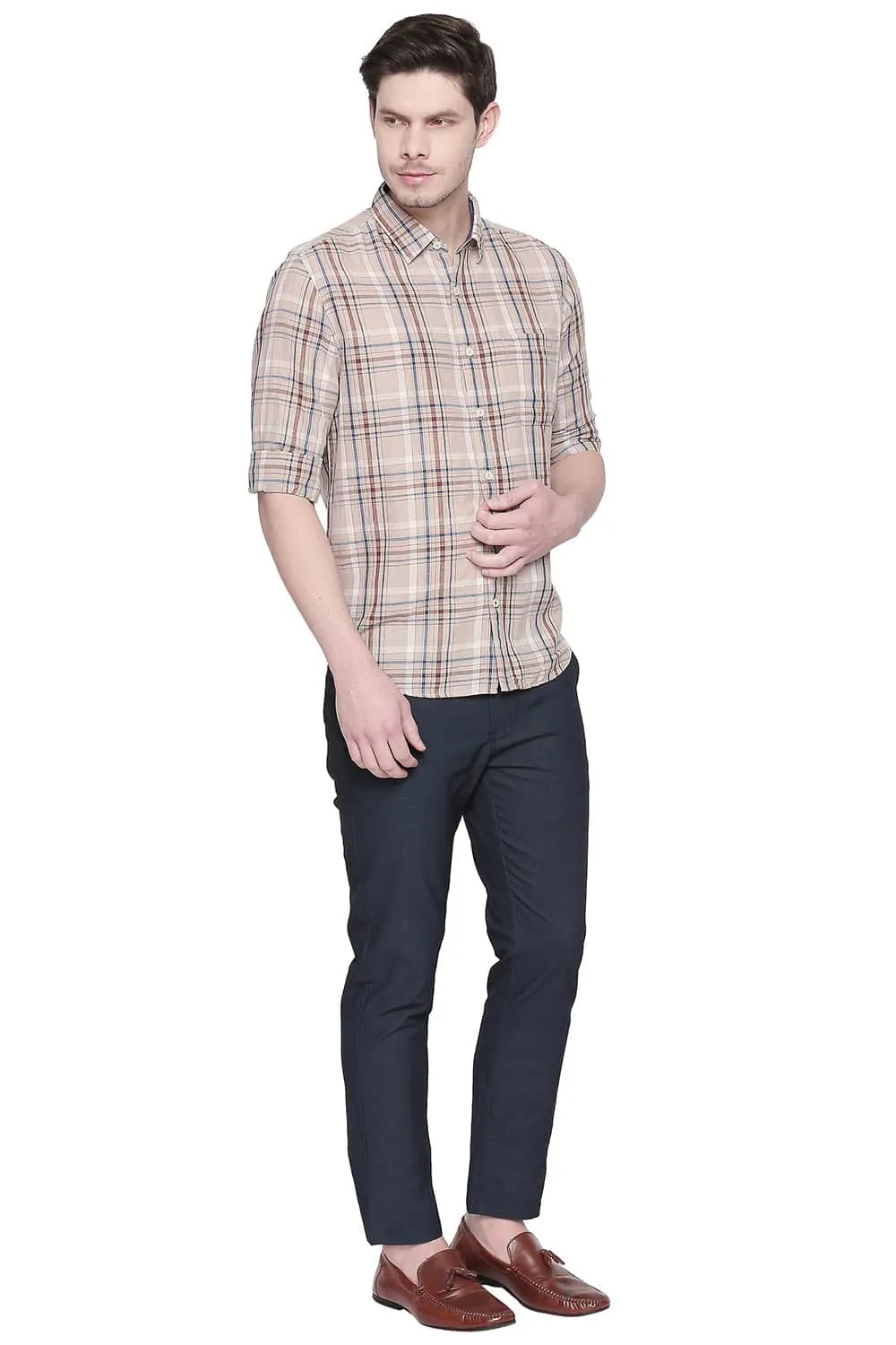 Slim Fit Cotton Linen Checks Shirt