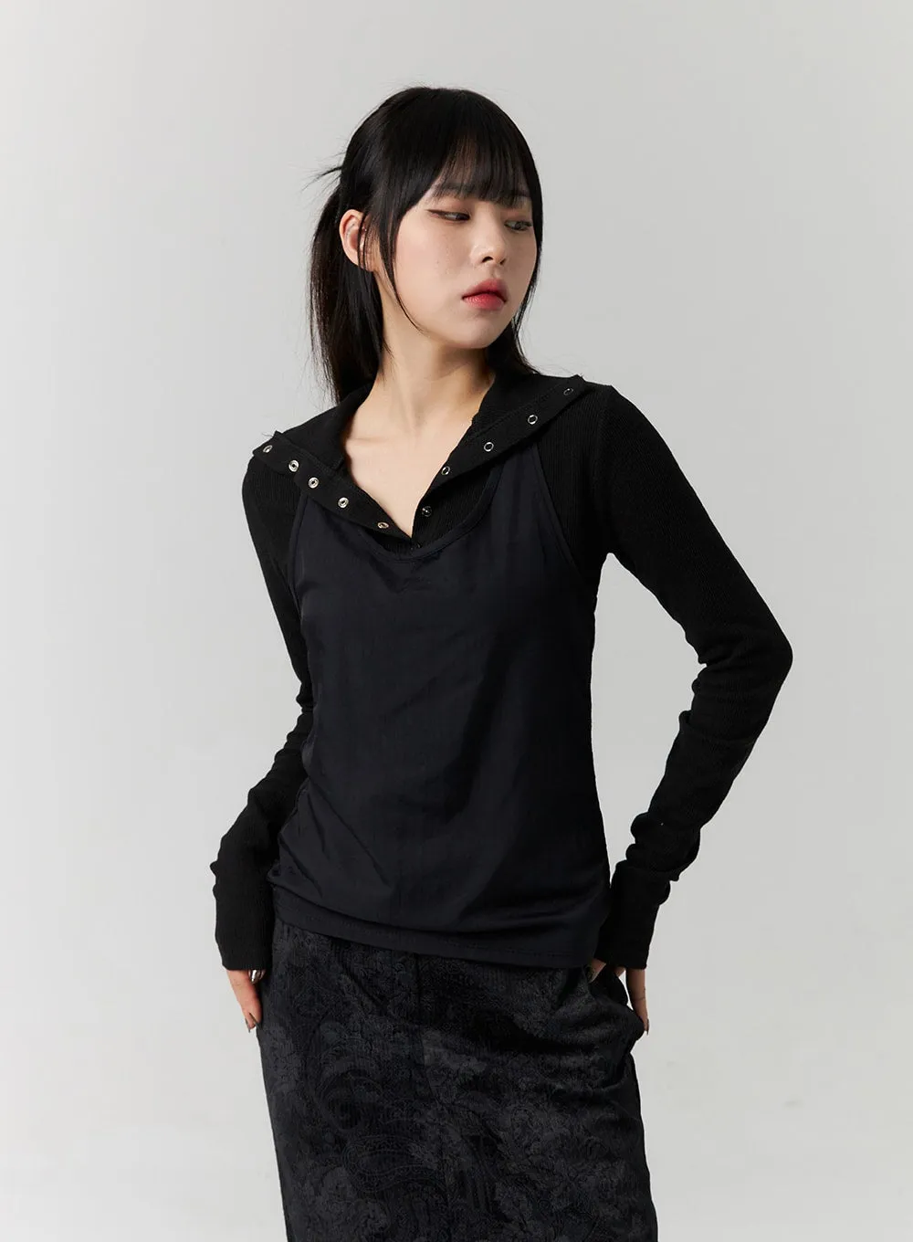 Snap Detail Slim Fit Long Sleeve Top CS313