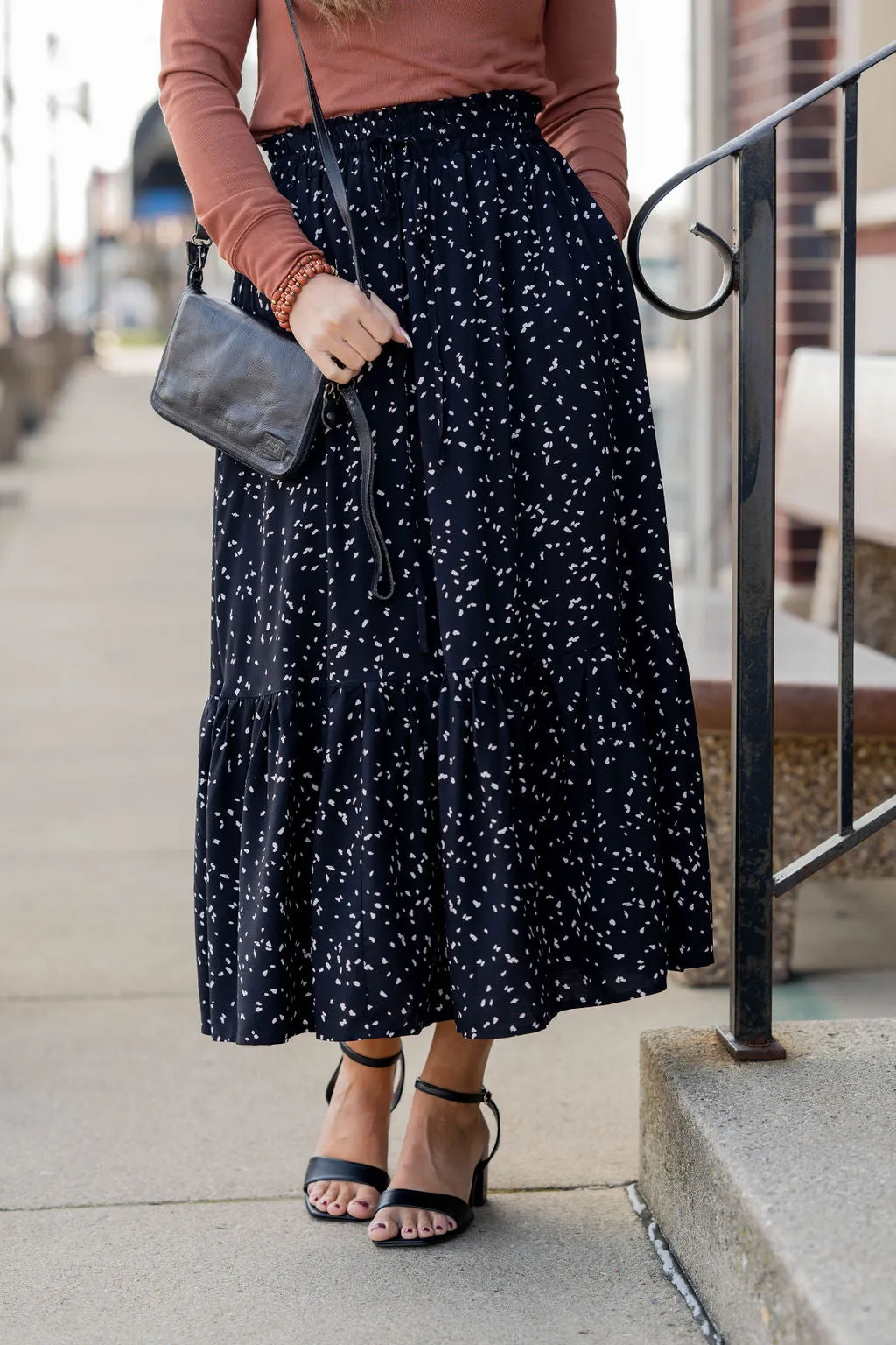 Speckled Ruffle Bottom Maxi Skirt